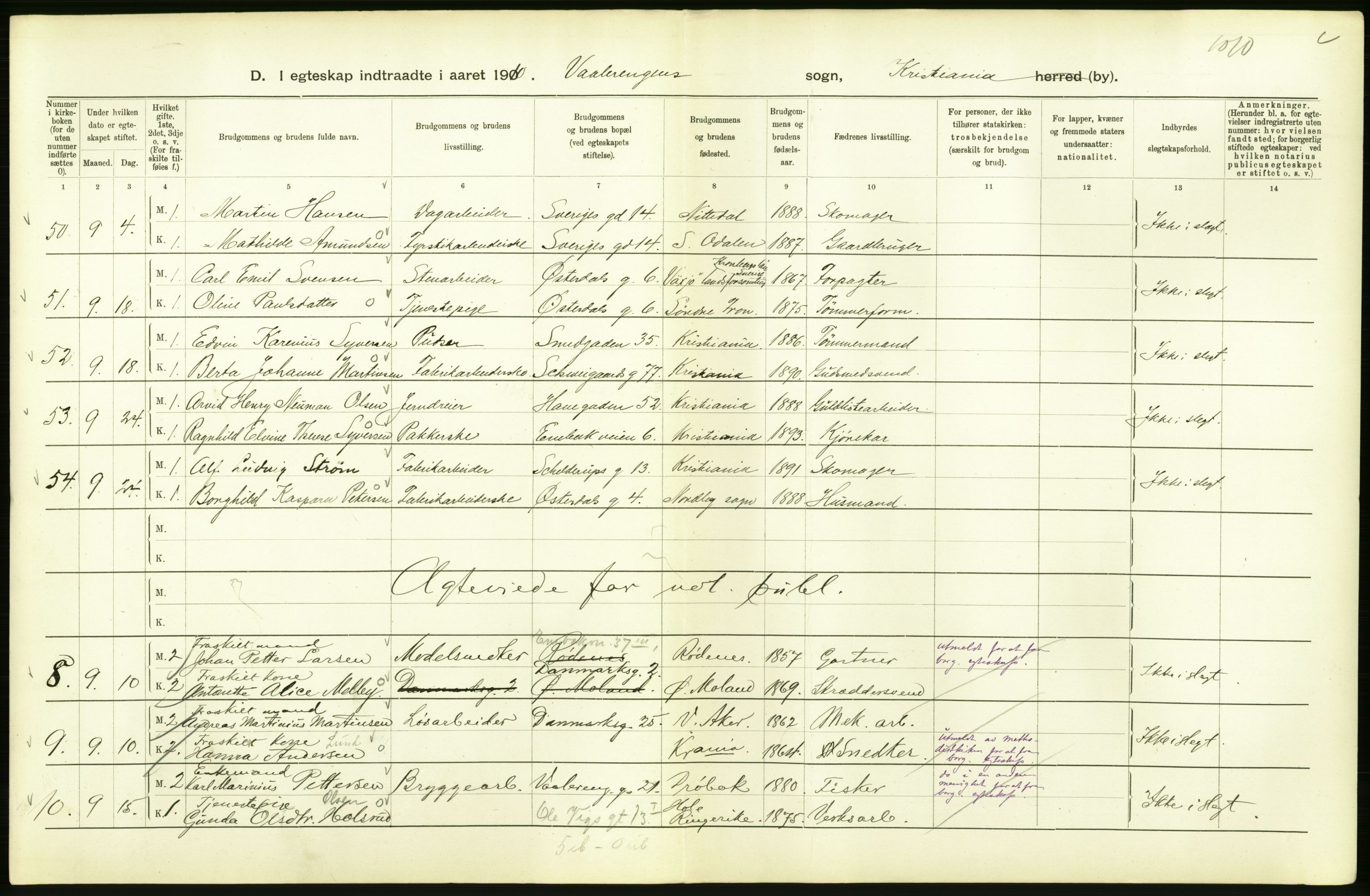 Statistisk sentralbyrå, Sosiodemografiske emner, Befolkning, AV/RA-S-2228/D/Df/Dfa/Dfah/L0009: Kristiania: Gifte og dødfødte., 1910, p. 46