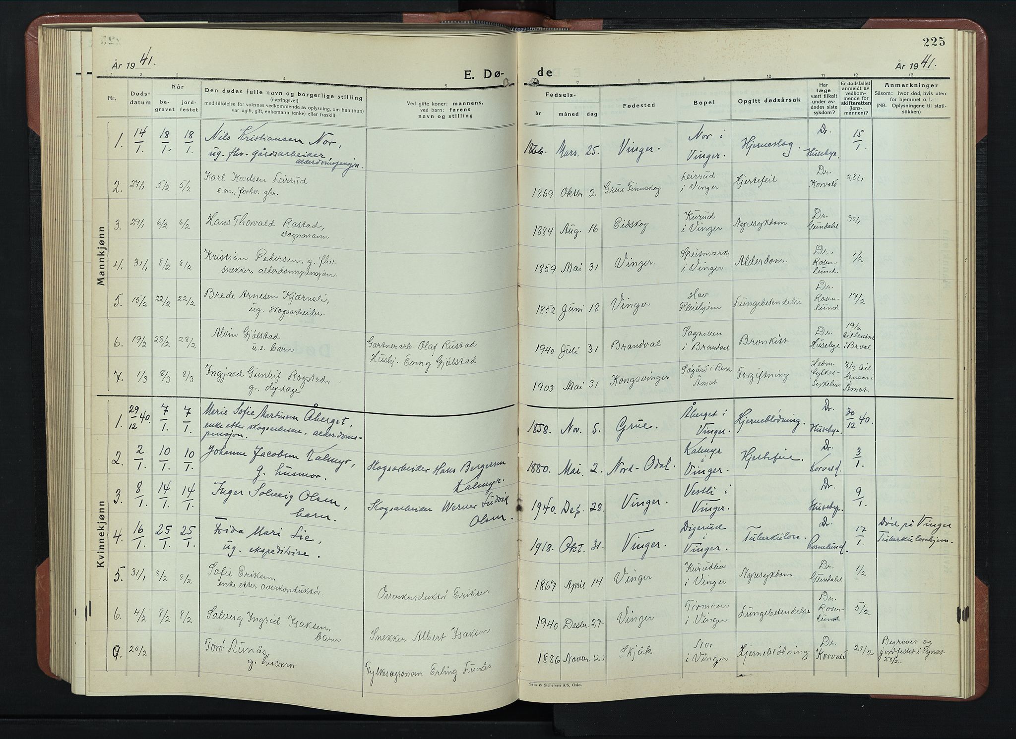 Vinger prestekontor, AV/SAH-PREST-024/H/Ha/Hab/L0007: Parish register (copy) no. 7, 1941-1955, p. 225