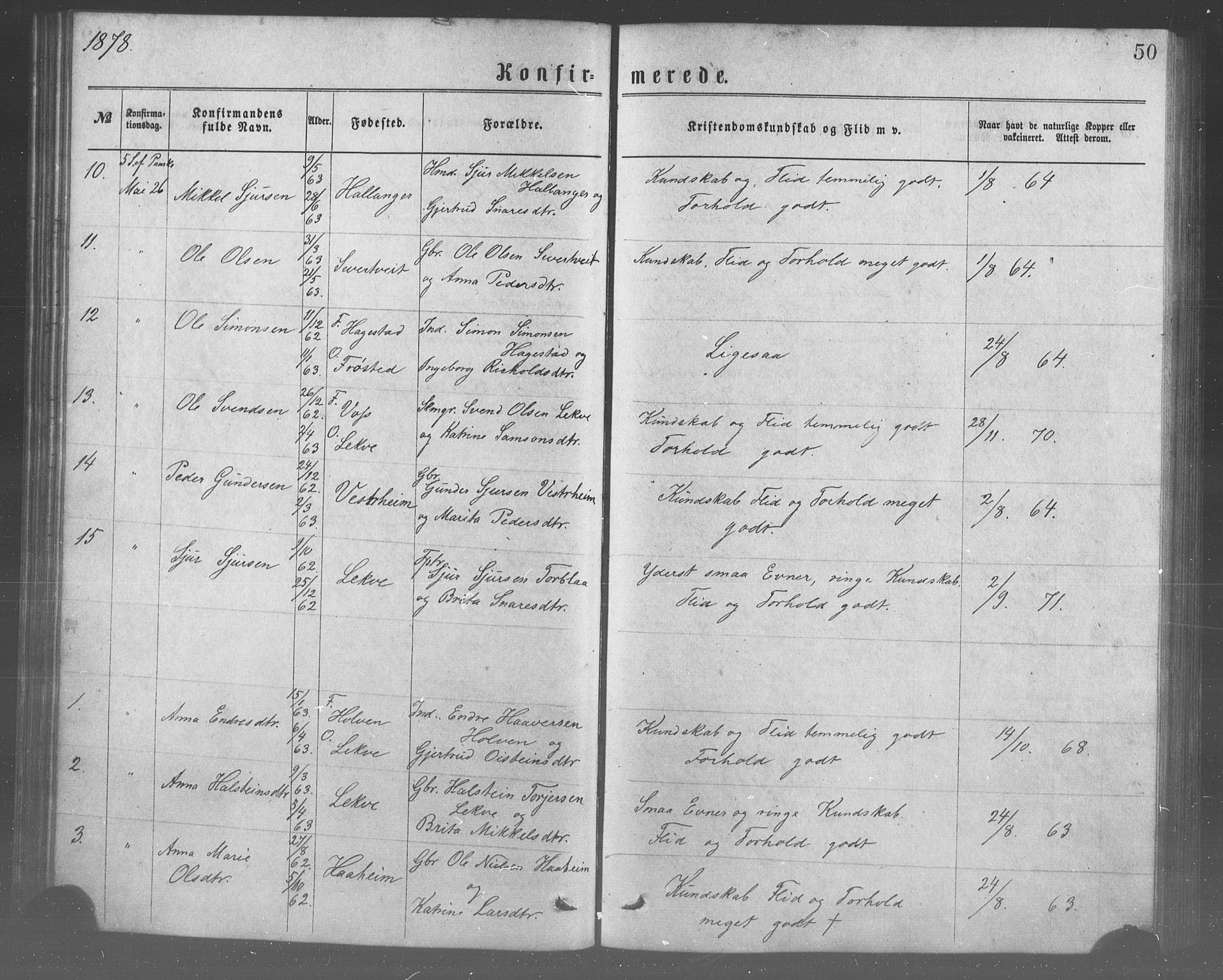 Ulvik sokneprestembete, AV/SAB-A-78801/H/Haa: Parish register (official) no. A 17, 1873-1891, p. 50