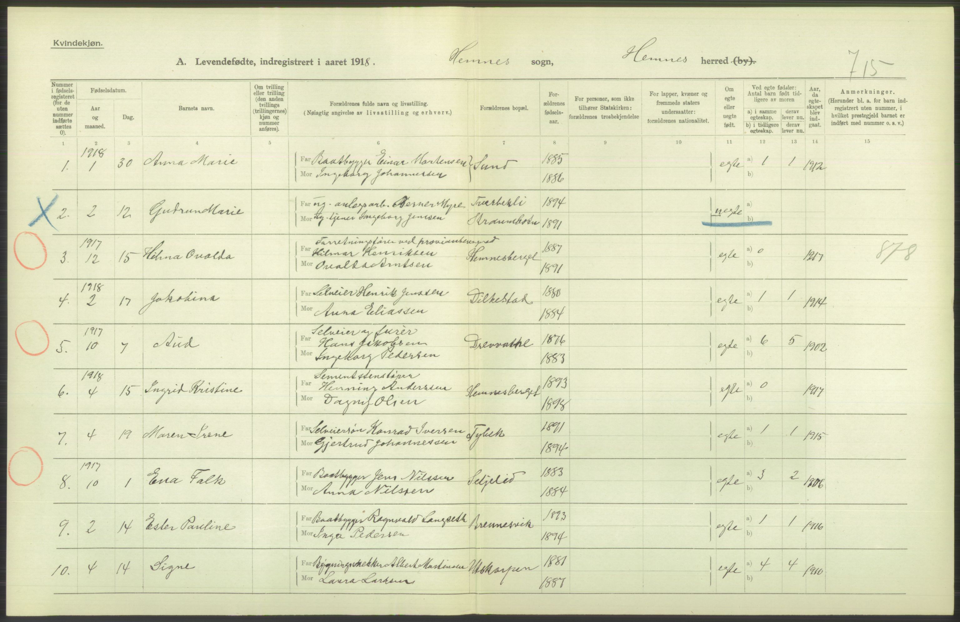 Statistisk sentralbyrå, Sosiodemografiske emner, Befolkning, AV/RA-S-2228/D/Df/Dfb/Dfbh/L0052: Nordland fylke: Levendefødte menn og kvinner. Bygder., 1918, p. 606