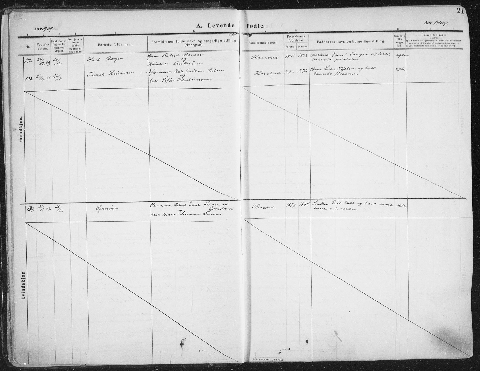 Trondenes sokneprestkontor, AV/SATØ-S-1319/H/Ha/L0018kirke: Parish register (official) no. 18, 1909-1918, p. 21