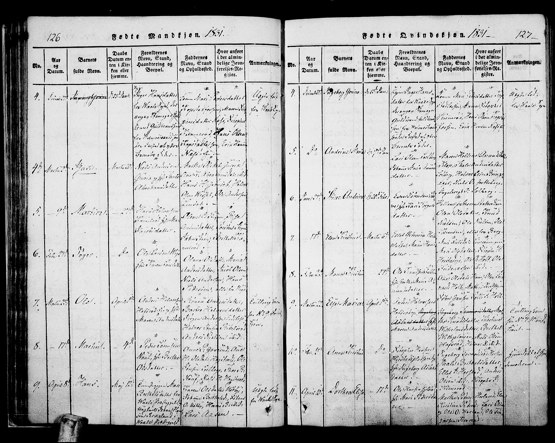 Hof kirkebøker, AV/SAKO-A-64/F/Fa/L0004: Parish register (official) no. I 4, 1814-1843, p. 126-127