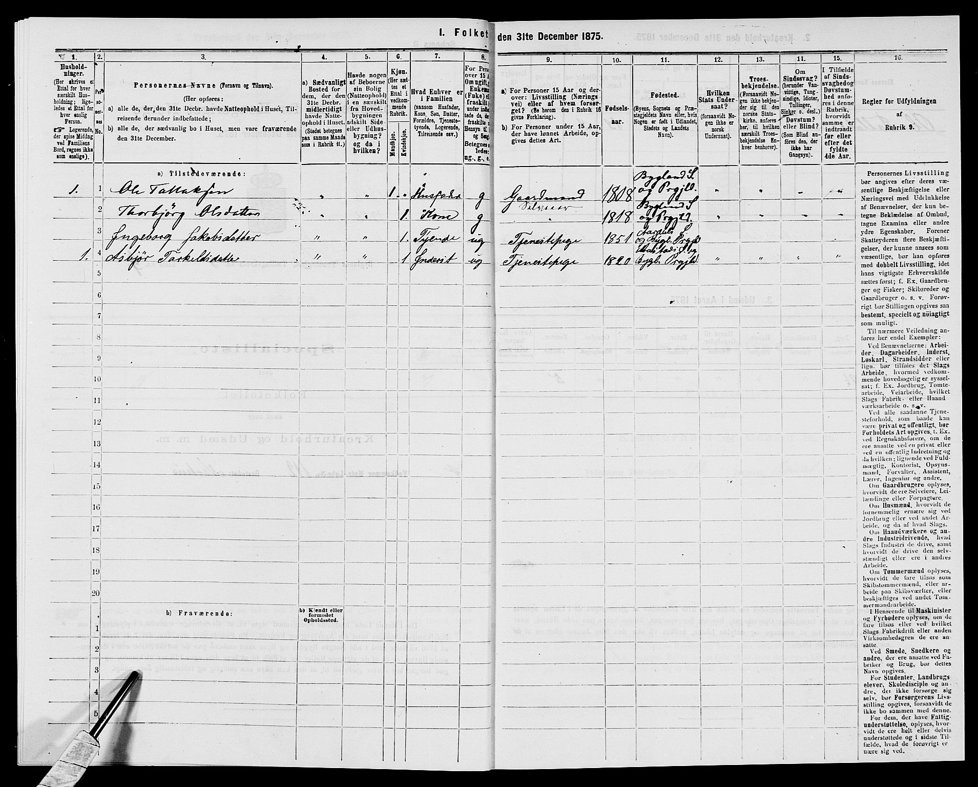 SAK, 1875 census for 0938P Bygland, 1875, p. 406