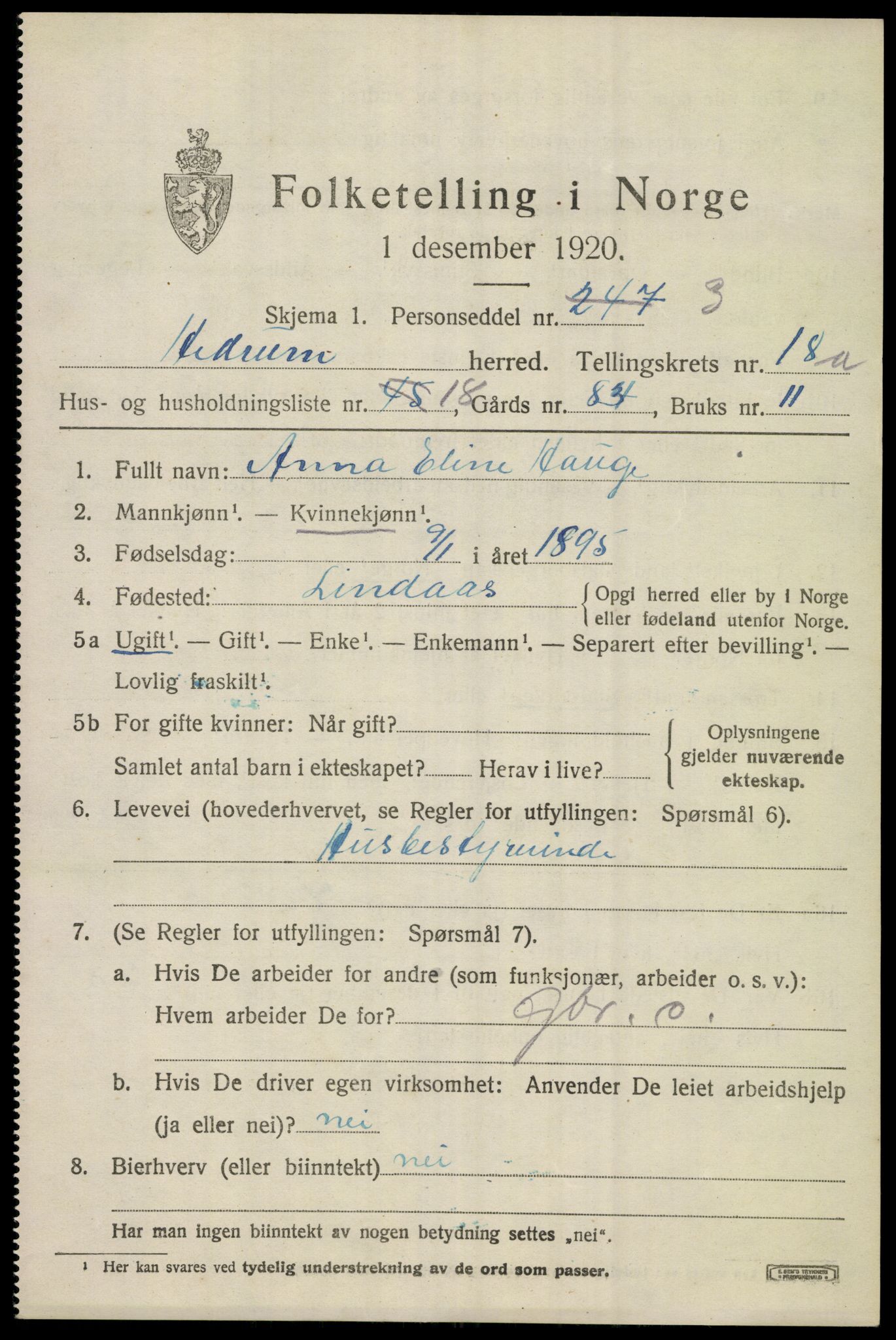 SAKO, 1920 census for Hedrum, 1920, p. 10997