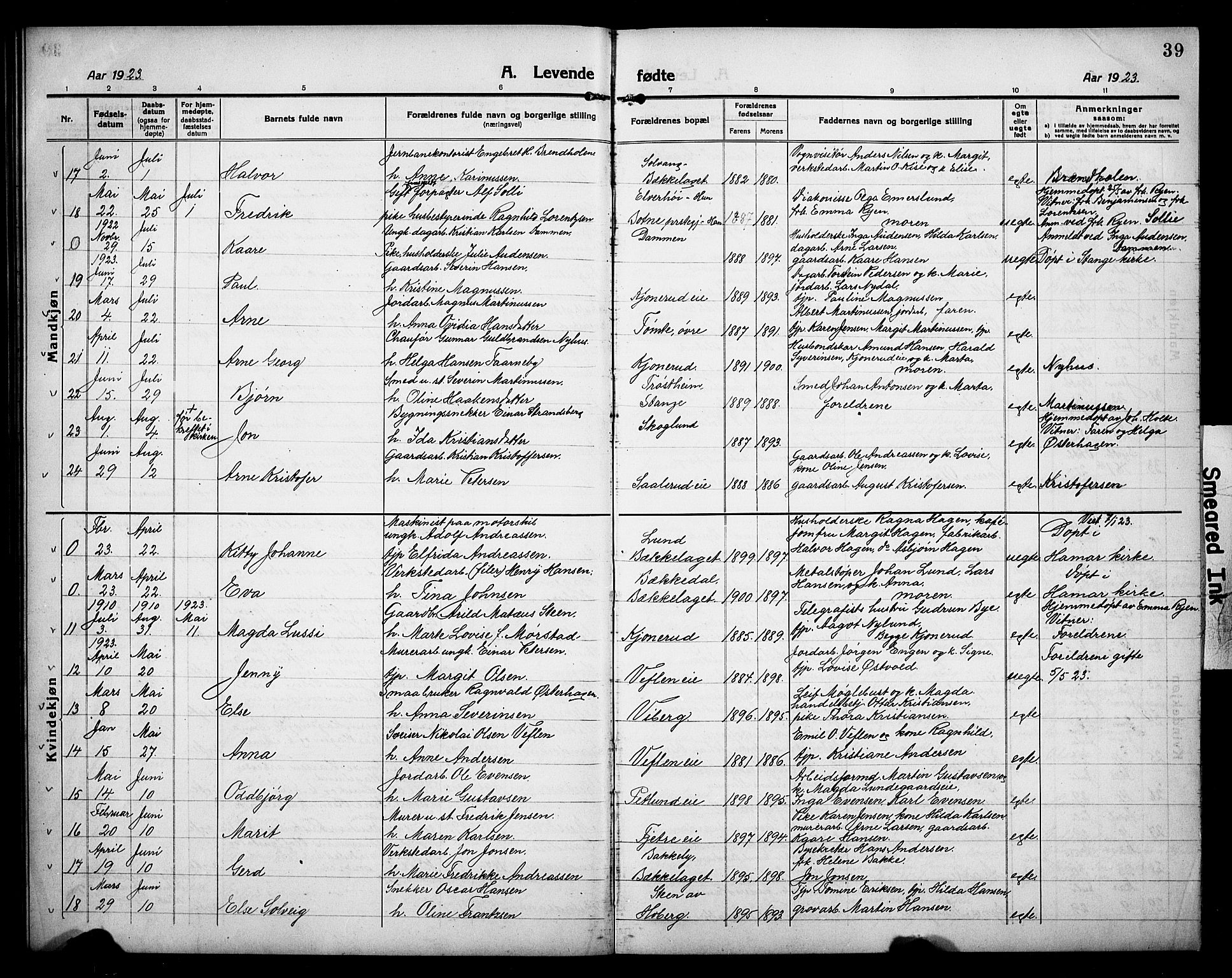 Stange prestekontor, AV/SAH-PREST-002/L/L0015: Parish register (copy) no. 15, 1916-1928, p. 39