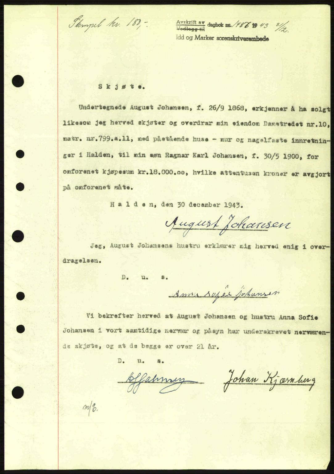 Idd og Marker sorenskriveri, AV/SAO-A-10283/G/Gb/Gbb/L0006: Mortgage book no. A6, 1943-1944, Diary no: : 1486/1943