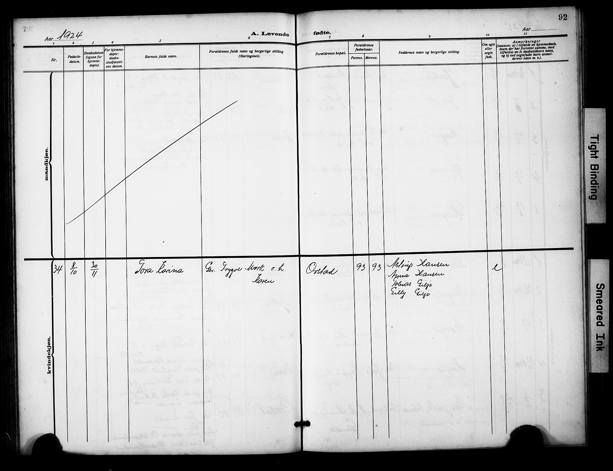 Klepp sokneprestkontor, AV/SAST-A-101803/001/3/30BB/L0007: Parish register (copy) no. B 7, 1908-1934, p. 92