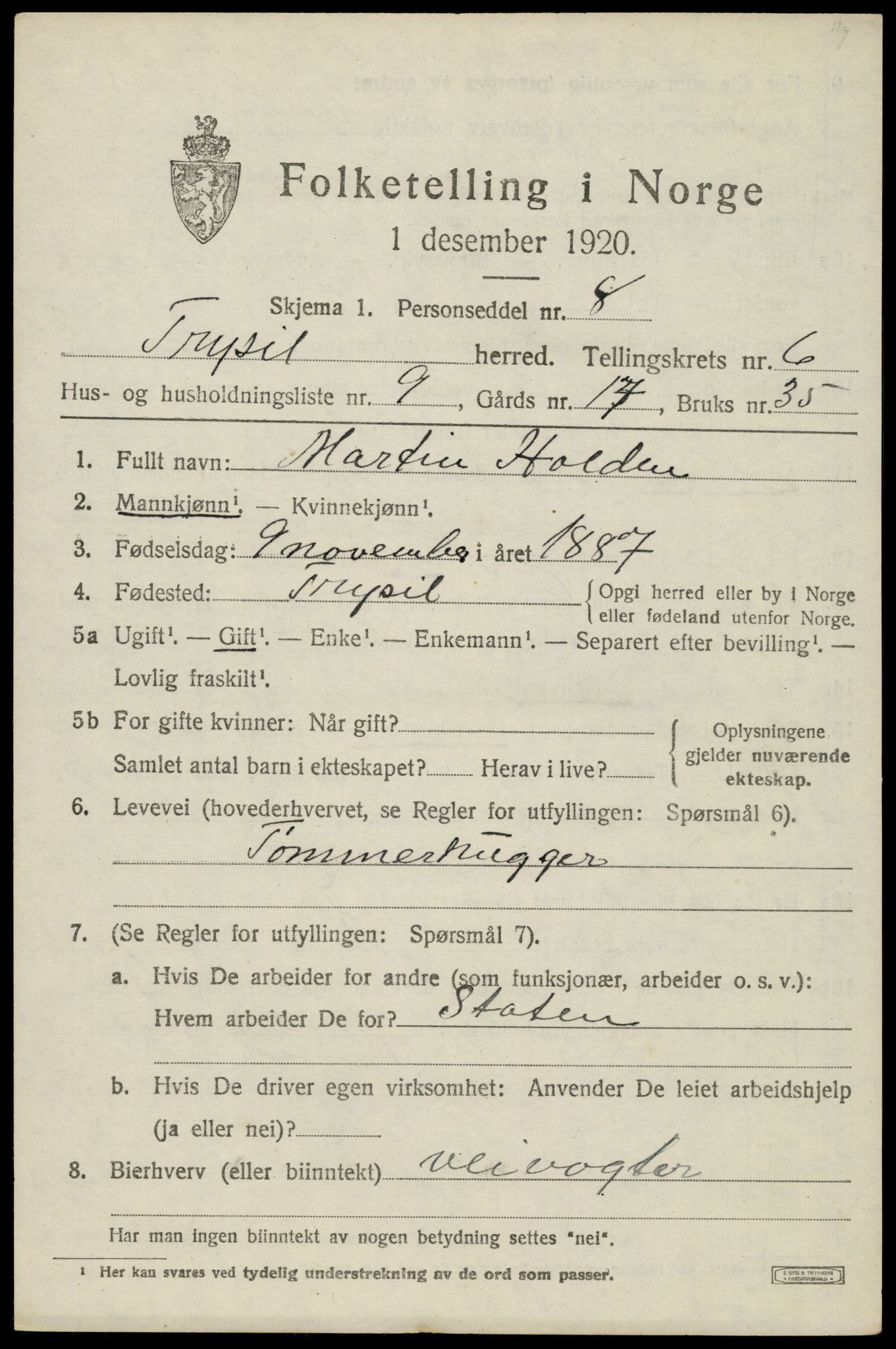 SAH, 1920 census for Trysil, 1920, p. 4649