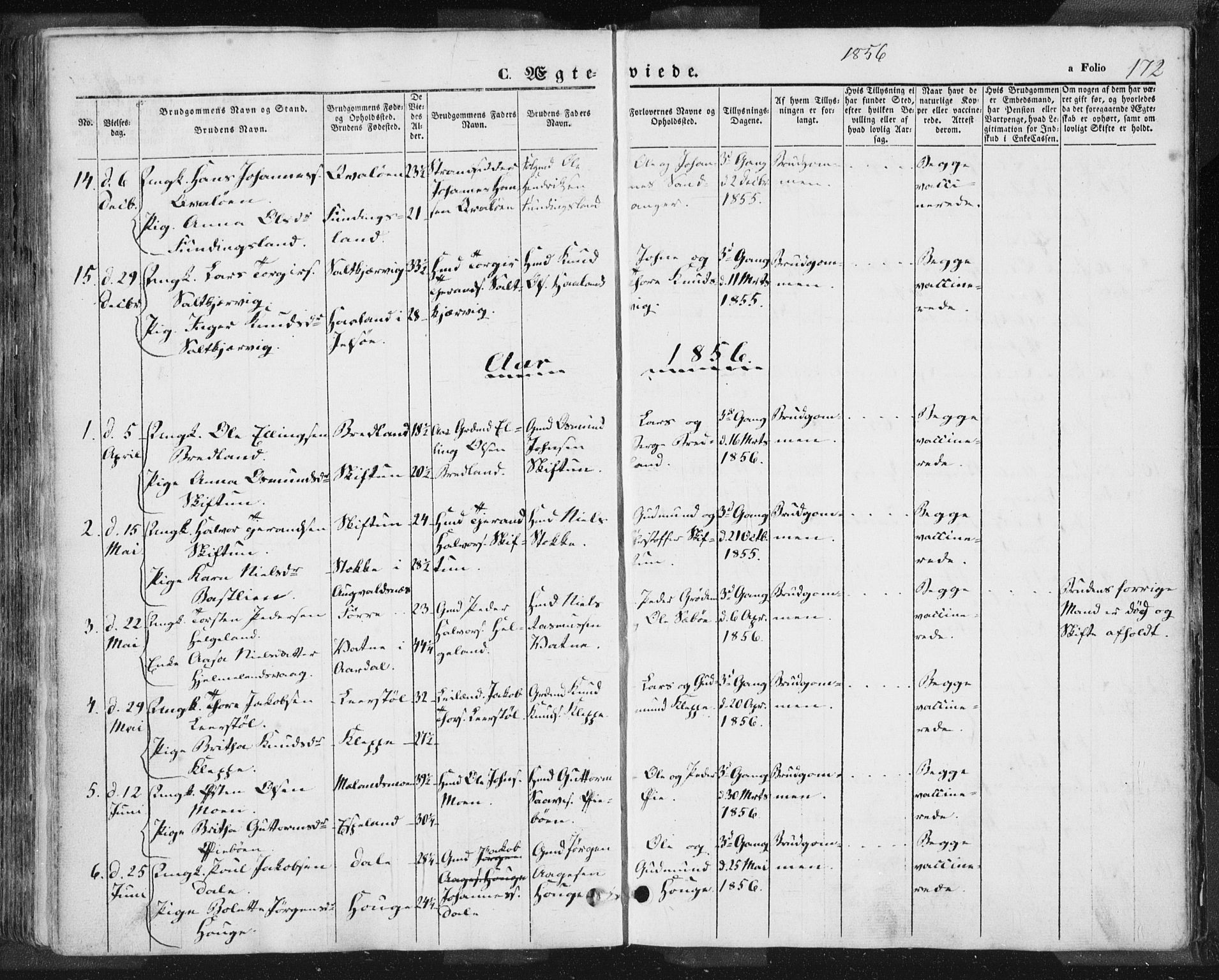 Hjelmeland sokneprestkontor, AV/SAST-A-101843/01/IV/L0009: Parish register (official) no. A 9, 1846-1860, p. 172