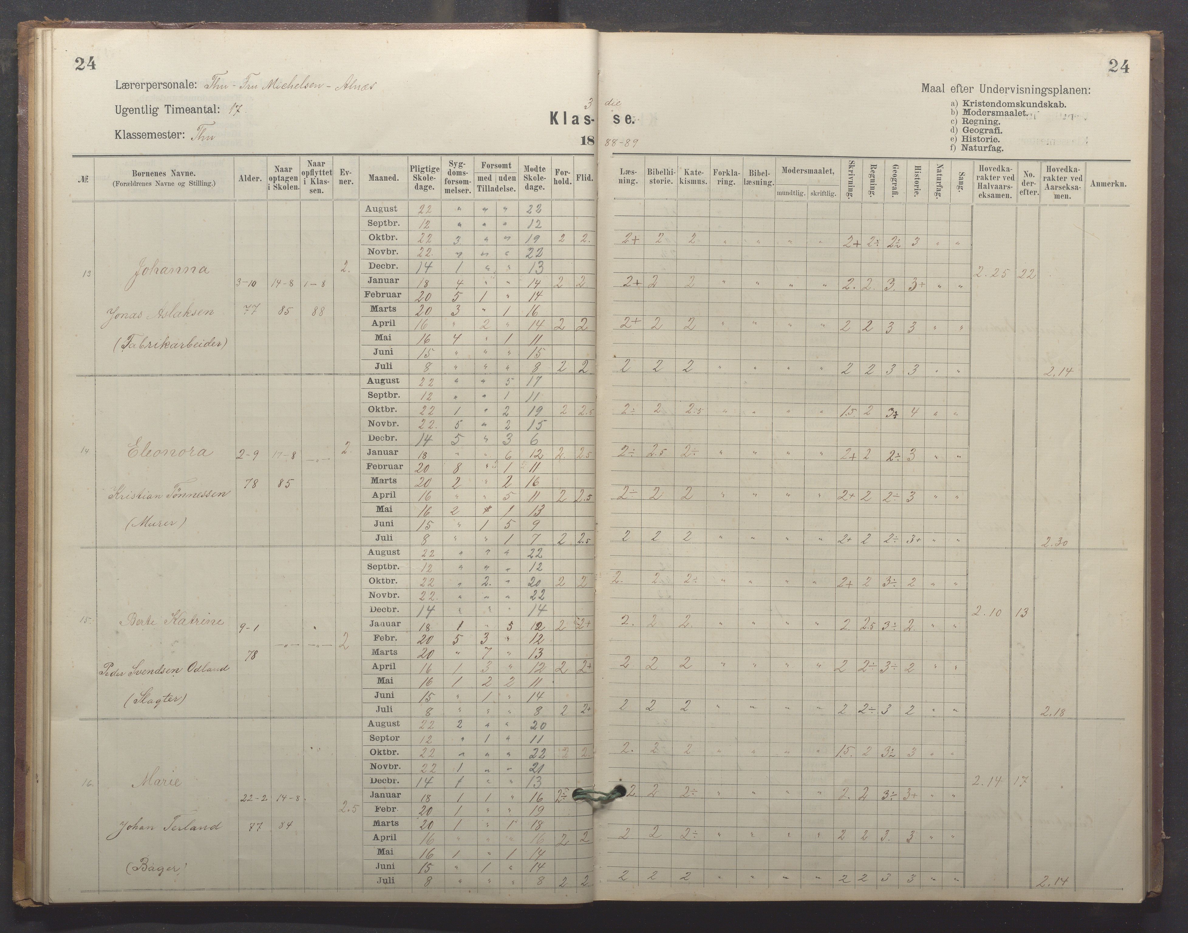 Egersund kommune (Ladested) - Egersund almueskole/folkeskole, IKAR/K-100521/H/L0024: Skoleprotokoll - Almueskolen, 3. klasse, 1887-1892, p. 24