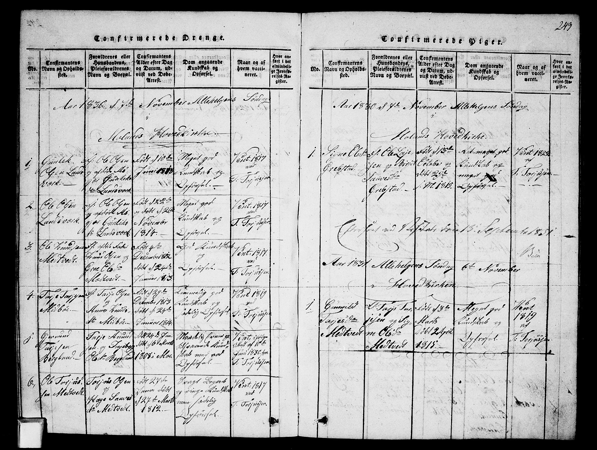 Fyresdal kirkebøker, SAKO/A-263/G/Ga/L0002: Parish register (copy) no. I 2, 1815-1857, p. 243