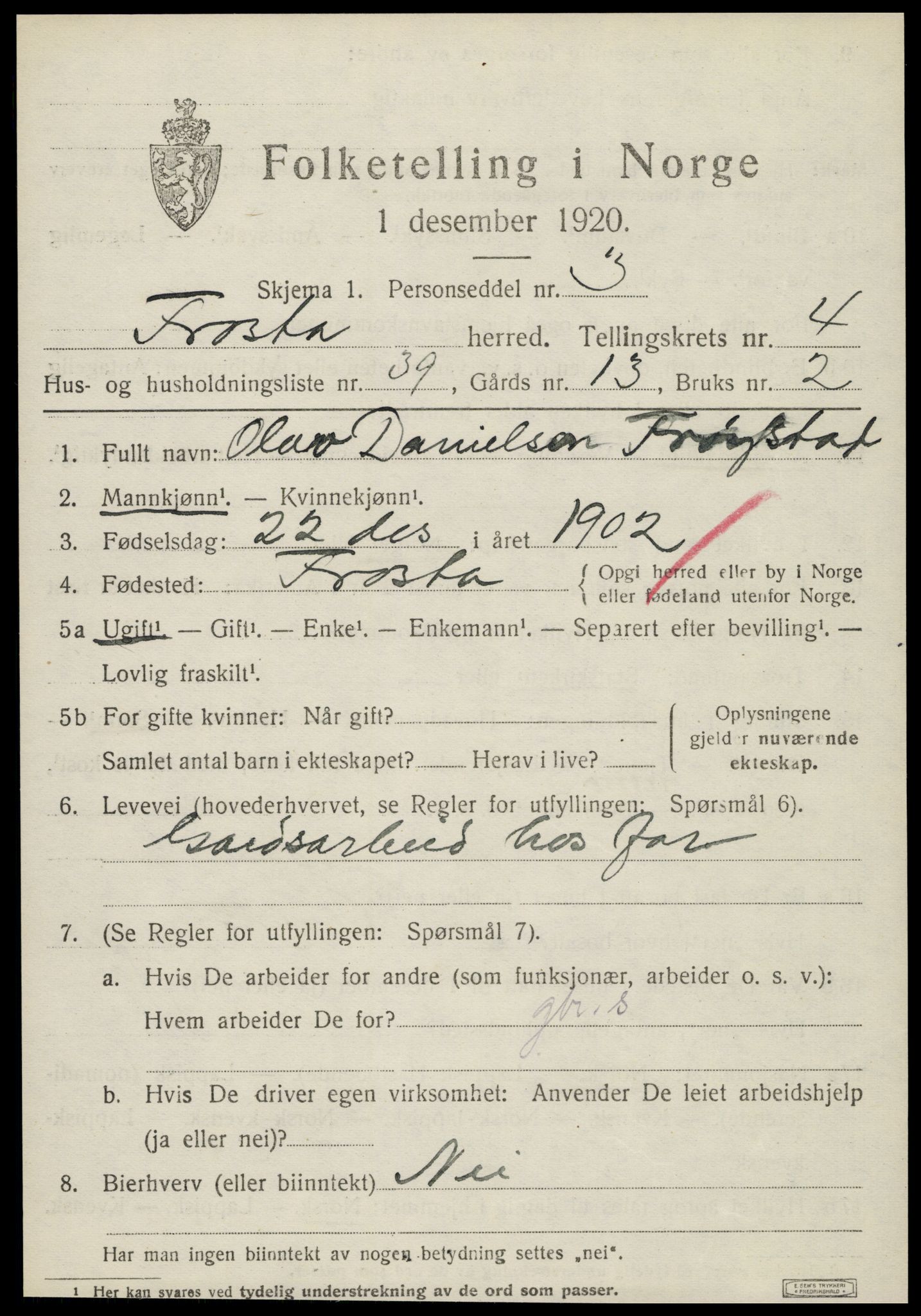 SAT, 1920 census for Frosta, 1920, p. 5178