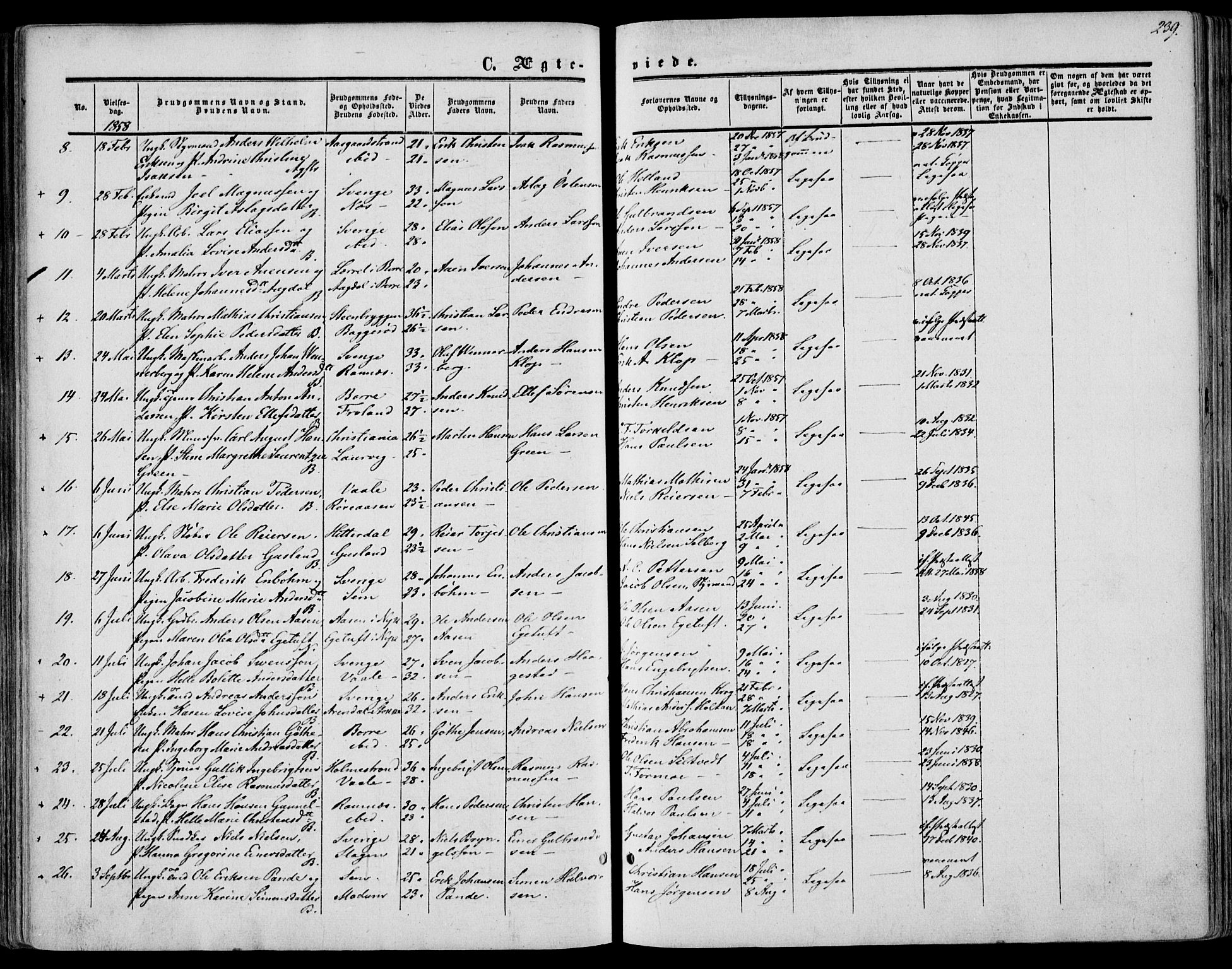 Borre kirkebøker, AV/SAKO-A-338/F/Fa/L0006: Parish register (official) no. I 6, 1852-1862, p. 239