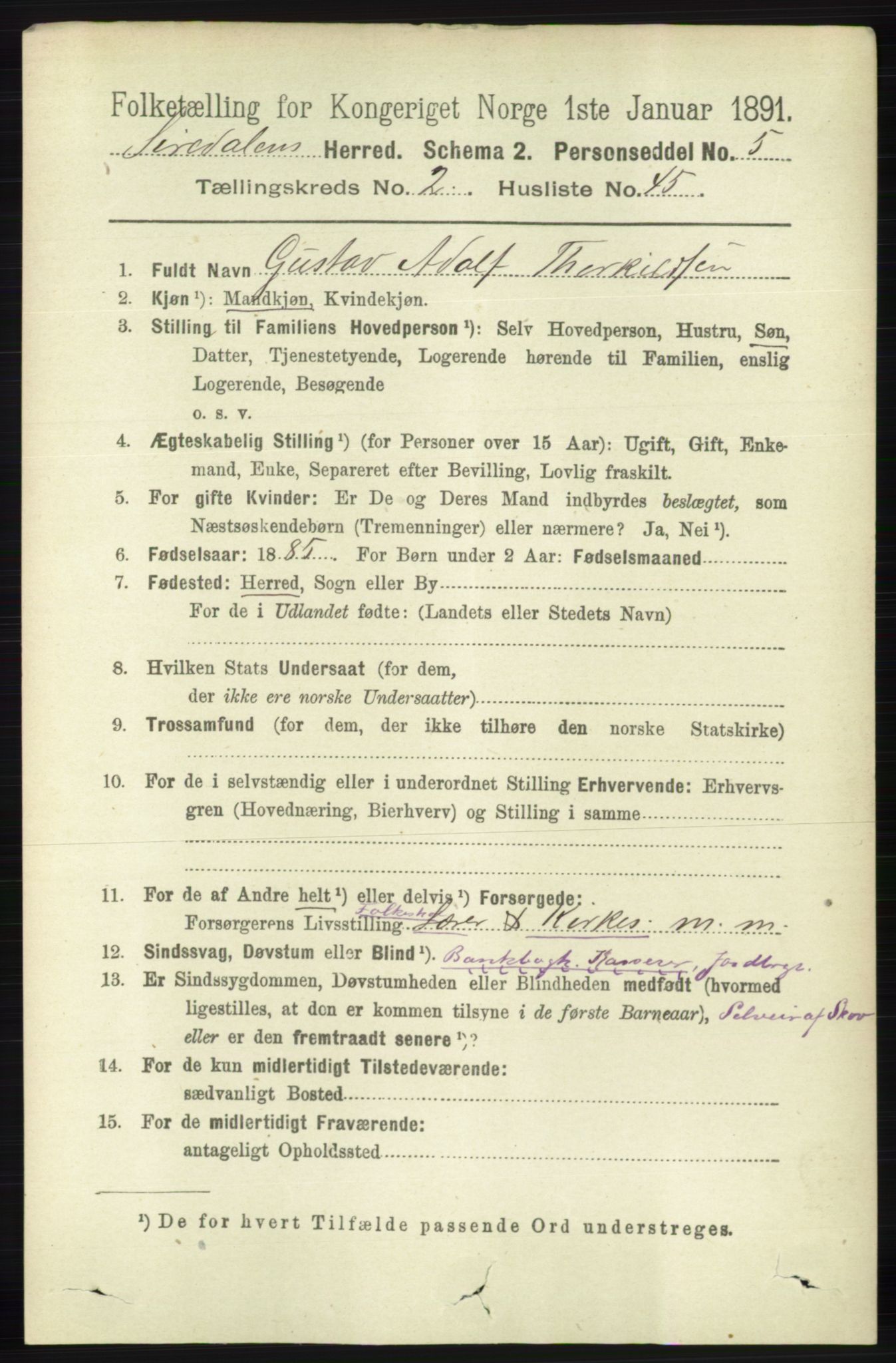 RA, 1891 census for 1046 Sirdal, 1891, p. 616