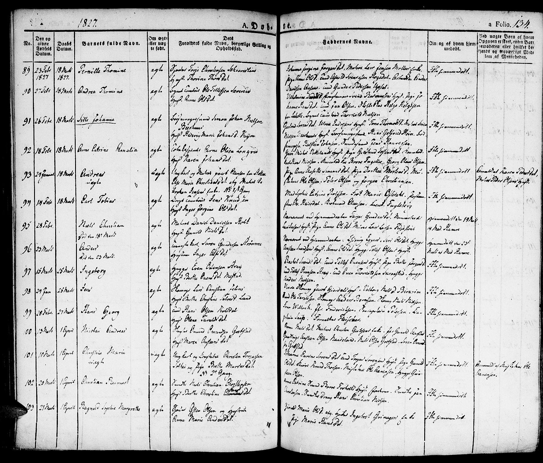 Kristiansand domprosti, SAK/1112-0006/F/Fa/L0009: Parish register (official) no. A 9, 1821-1827, p. 134