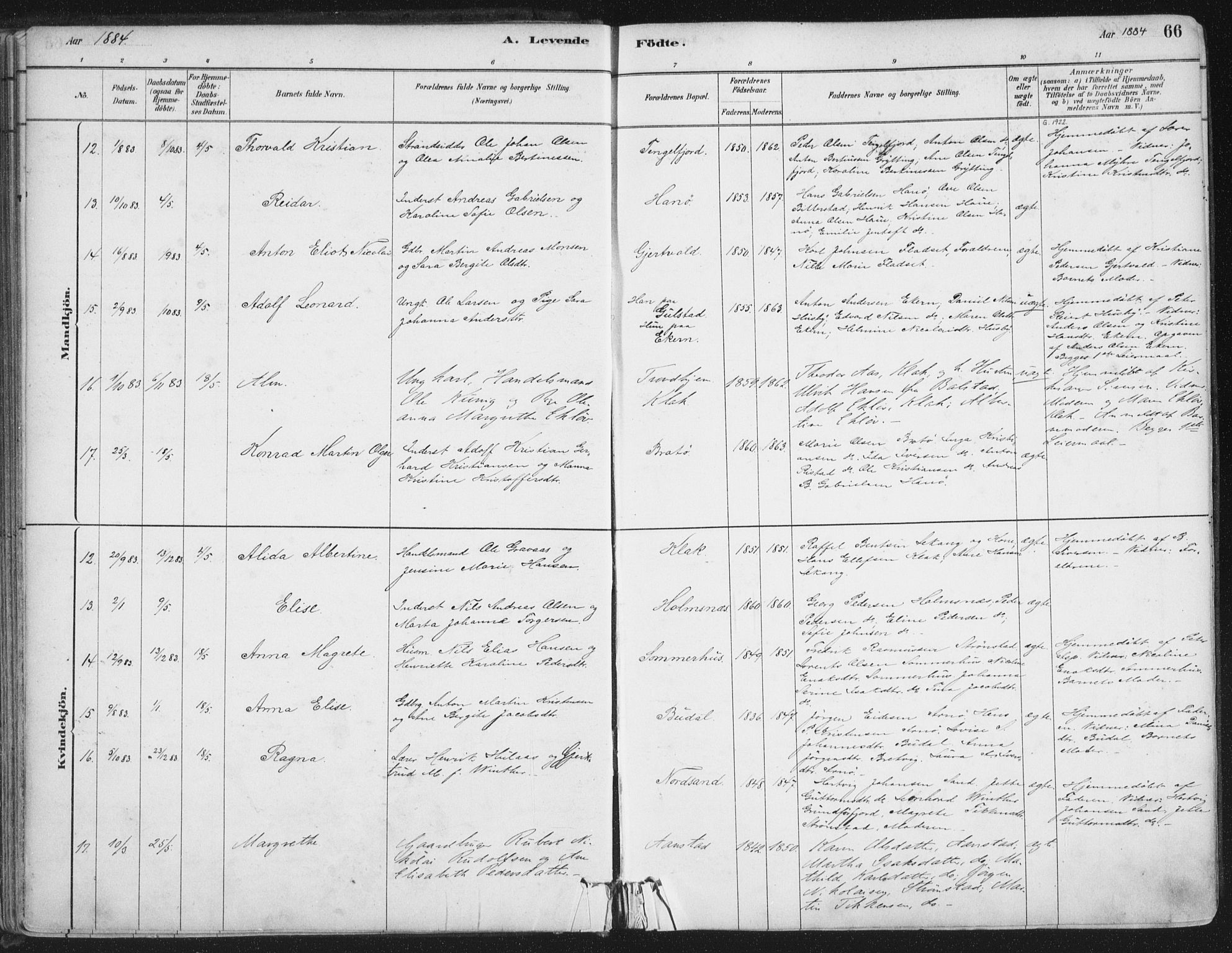 Ministerialprotokoller, klokkerbøker og fødselsregistre - Nordland, AV/SAT-A-1459/888/L1244: Parish register (official) no. 888A10, 1880-1890, p. 66