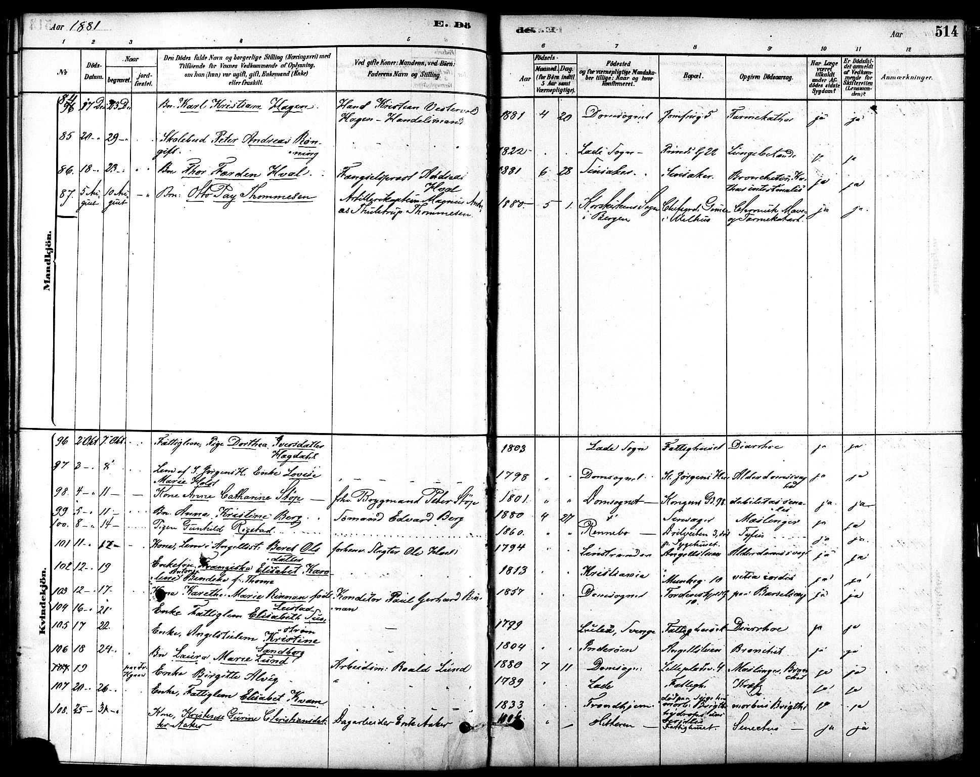Ministerialprotokoller, klokkerbøker og fødselsregistre - Sør-Trøndelag, AV/SAT-A-1456/601/L0058: Parish register (official) no. 601A26, 1877-1891, p. 514