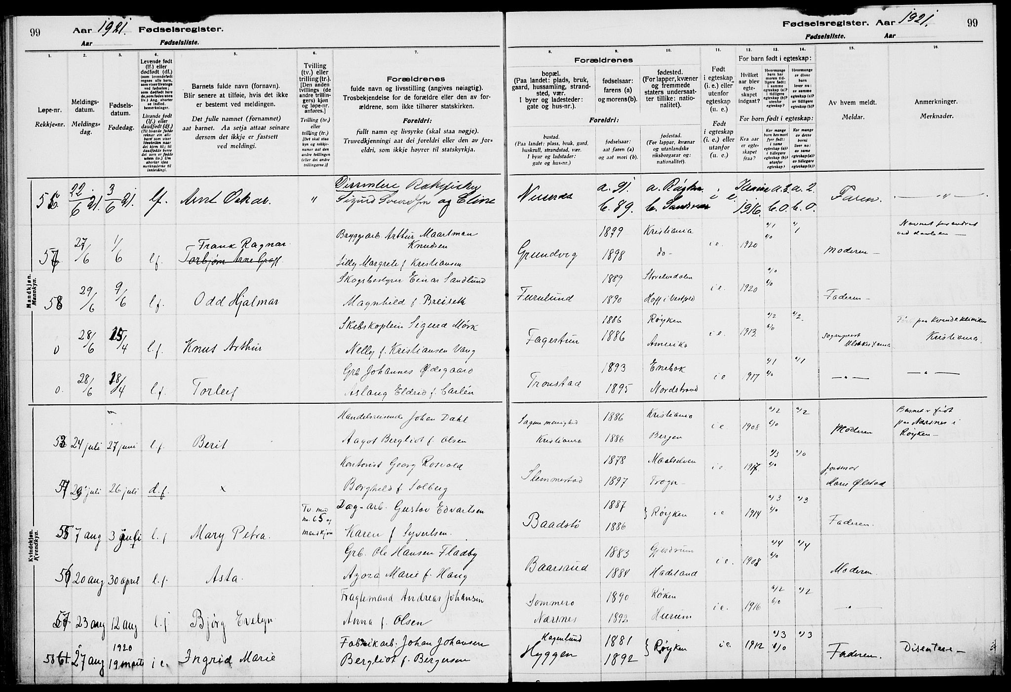 Røyken kirkebøker, AV/SAKO-A-241/J/Ja/L0001: Birth register no. 1, 1916-1927, p. 99