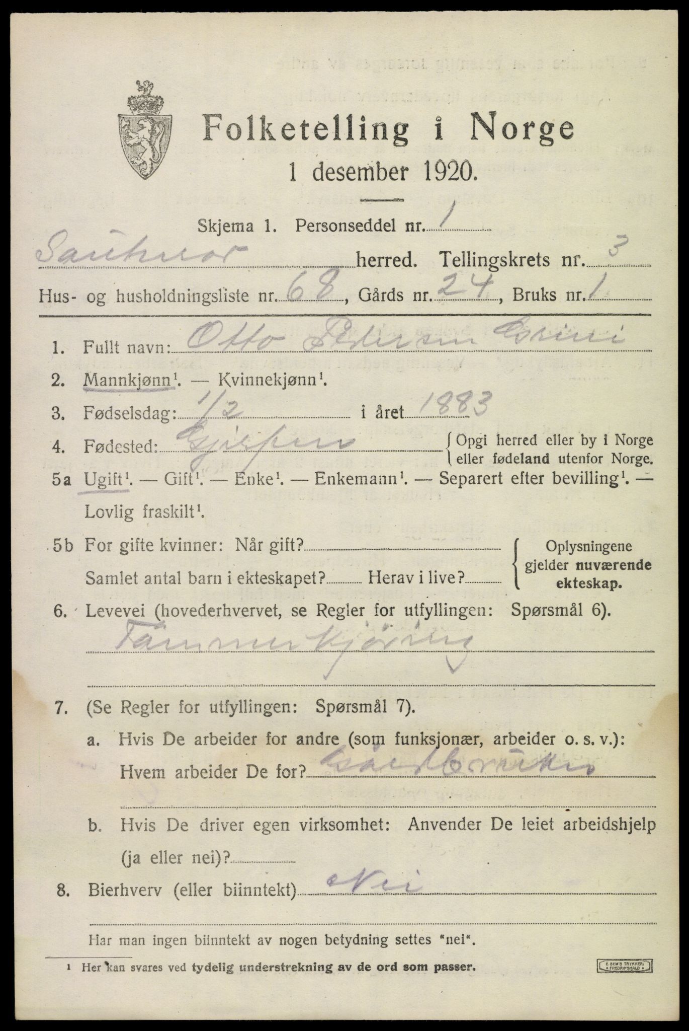 SAKO, 1920 census for Sauherad, 1920, p. 3603