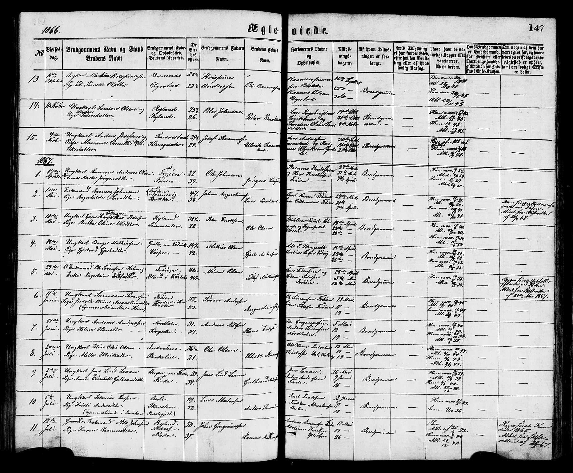 Bremanger sokneprestembete, SAB/A-82201/H/Hab/Haba/L0002: Parish register (copy) no. A 2, 1866-1889, p. 147