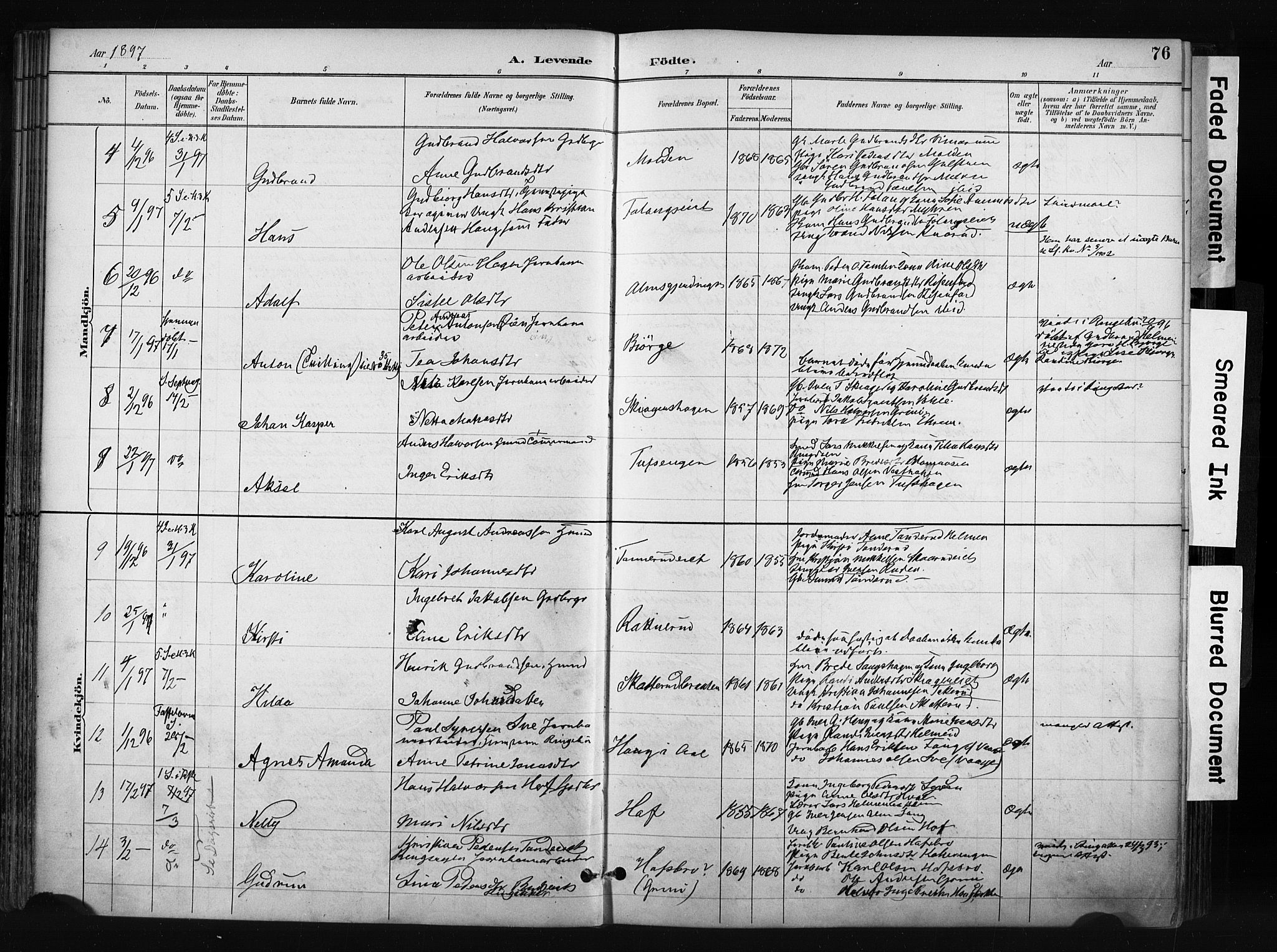 Gran prestekontor, SAH/PREST-112/H/Ha/Haa/L0017: Parish register (official) no. 17, 1889-1897, p. 76