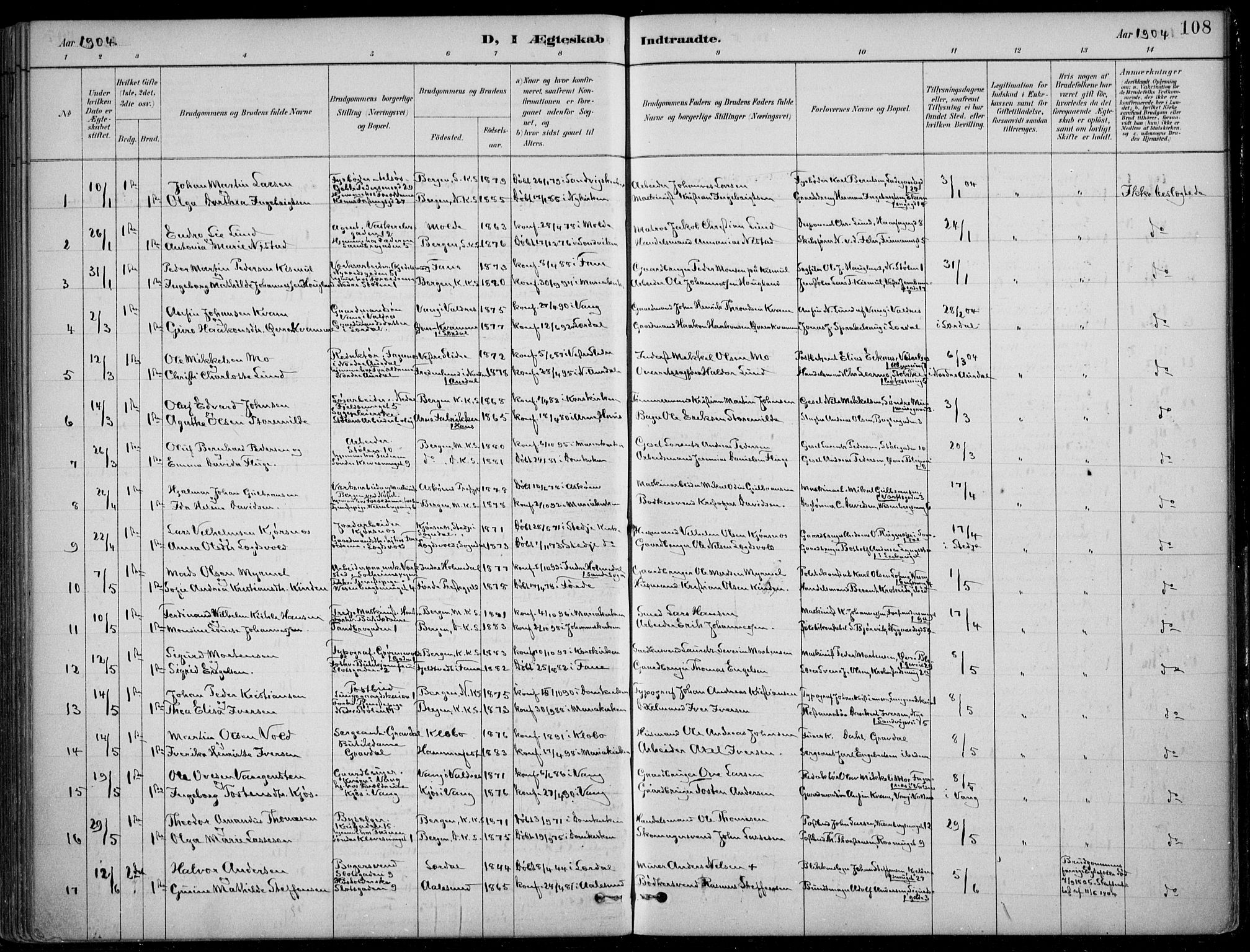 Mariakirken Sokneprestembete, SAB/A-76901/H/Hab/L0008: Parish register (copy) no. A 8, 1889-1908, p. 108