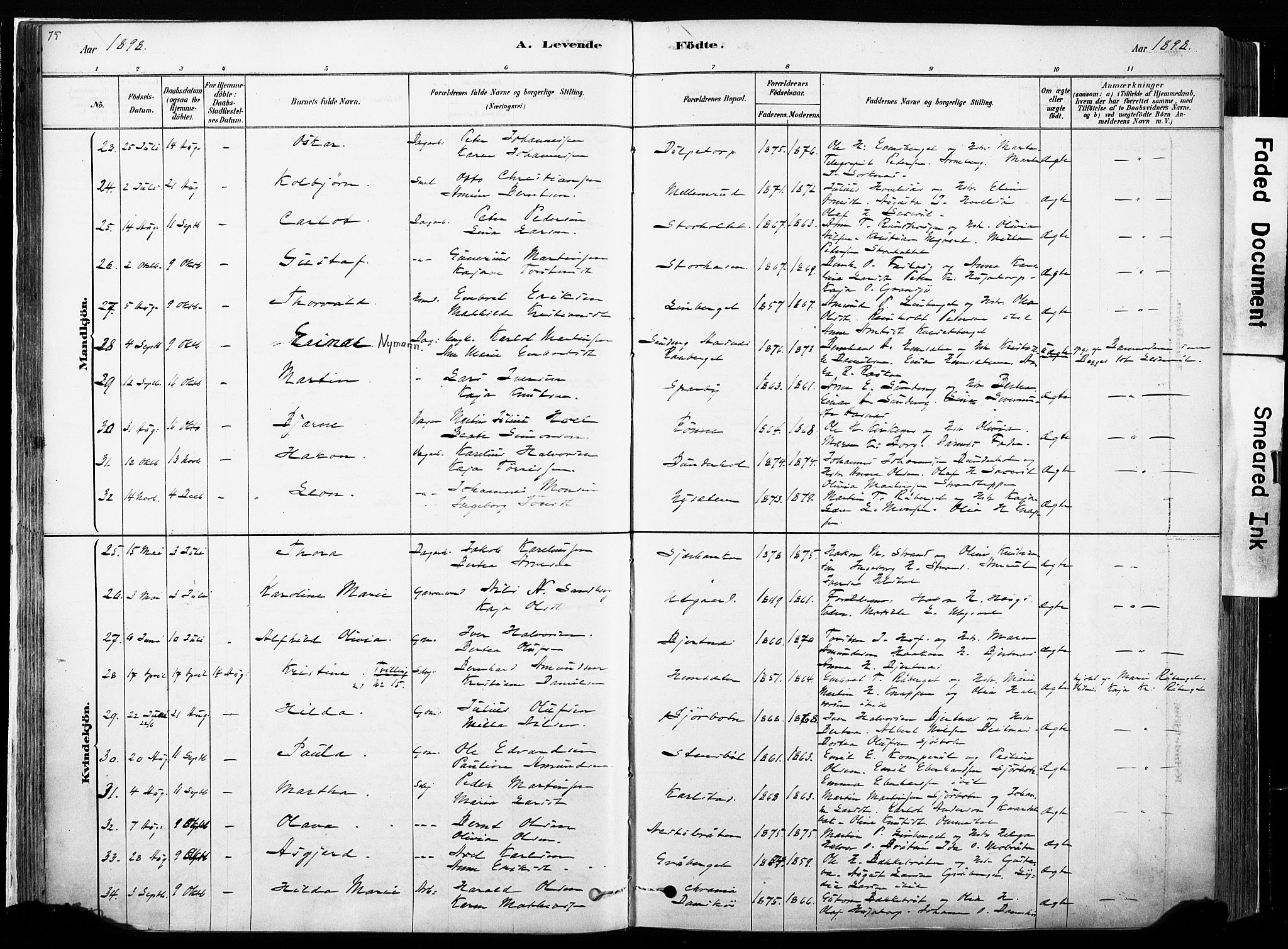 Hof prestekontor, SAH/PREST-038/H/Ha/Haa/L0010: Parish register (official) no. 10, 1878-1909, p. 75