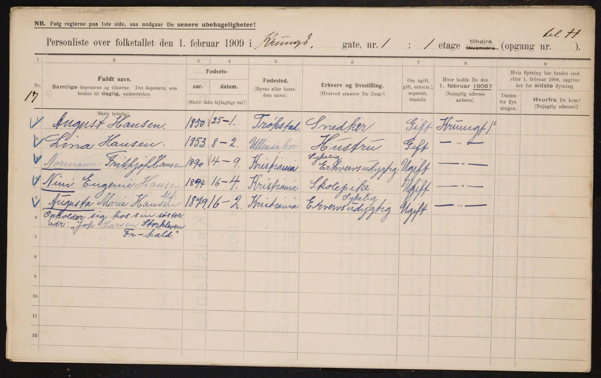 OBA, Municipal Census 1909 for Kristiania, 1909, p. 50197