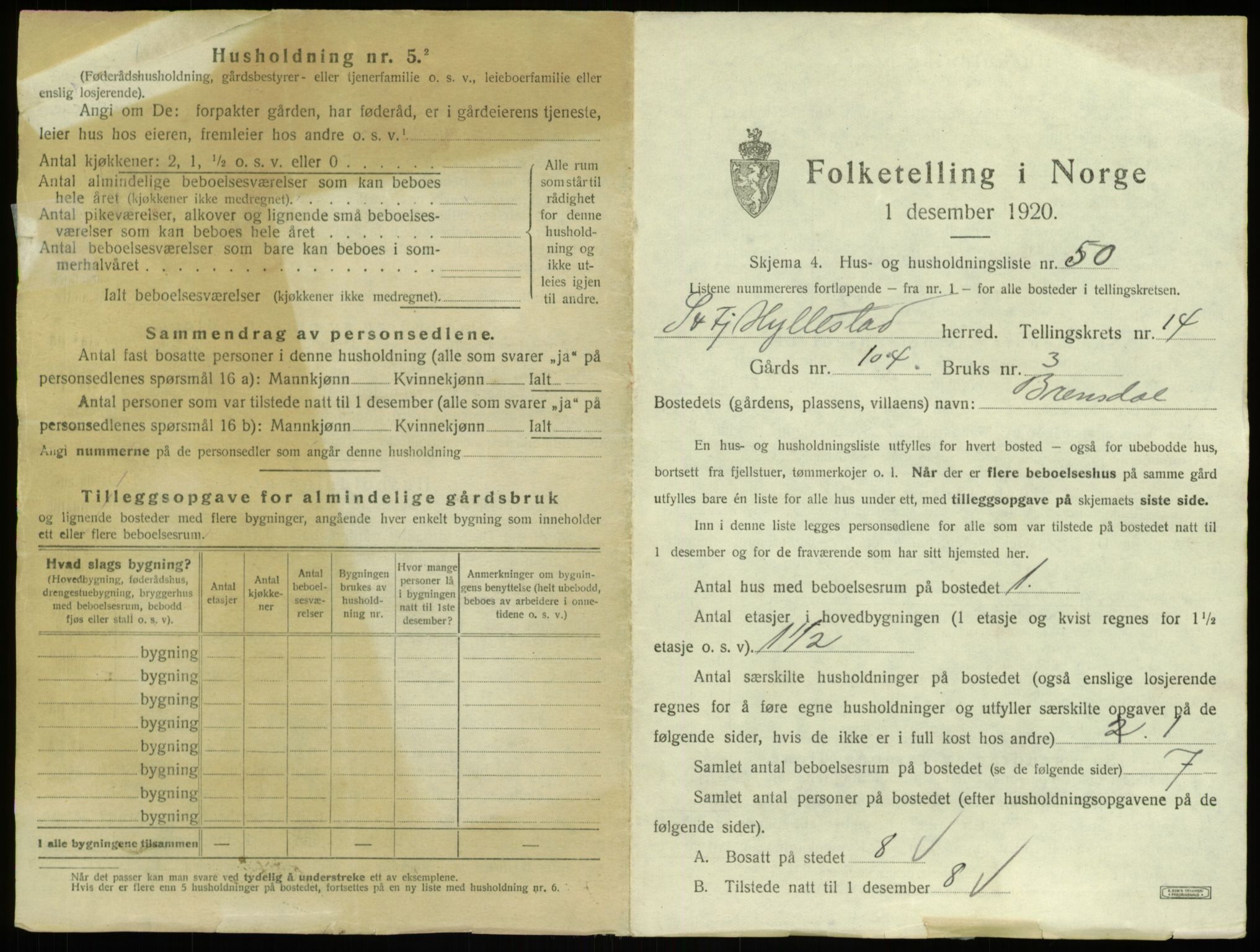 SAB, 1920 census for Hyllestad, 1920, p. 888