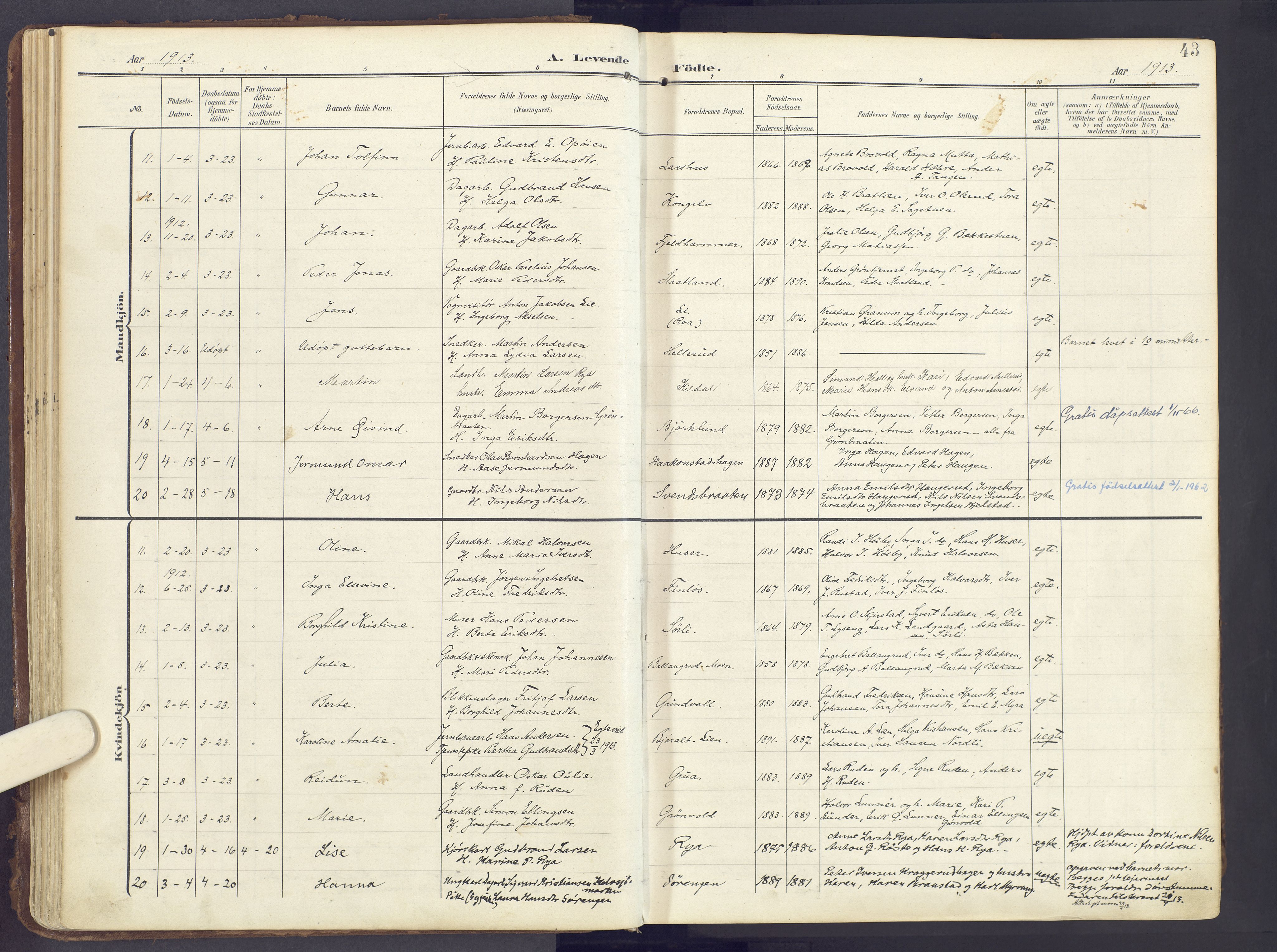 Lunner prestekontor, SAH/PREST-118/H/Ha/Haa/L0001: Parish register (official) no. 1, 1907-1922, p. 43