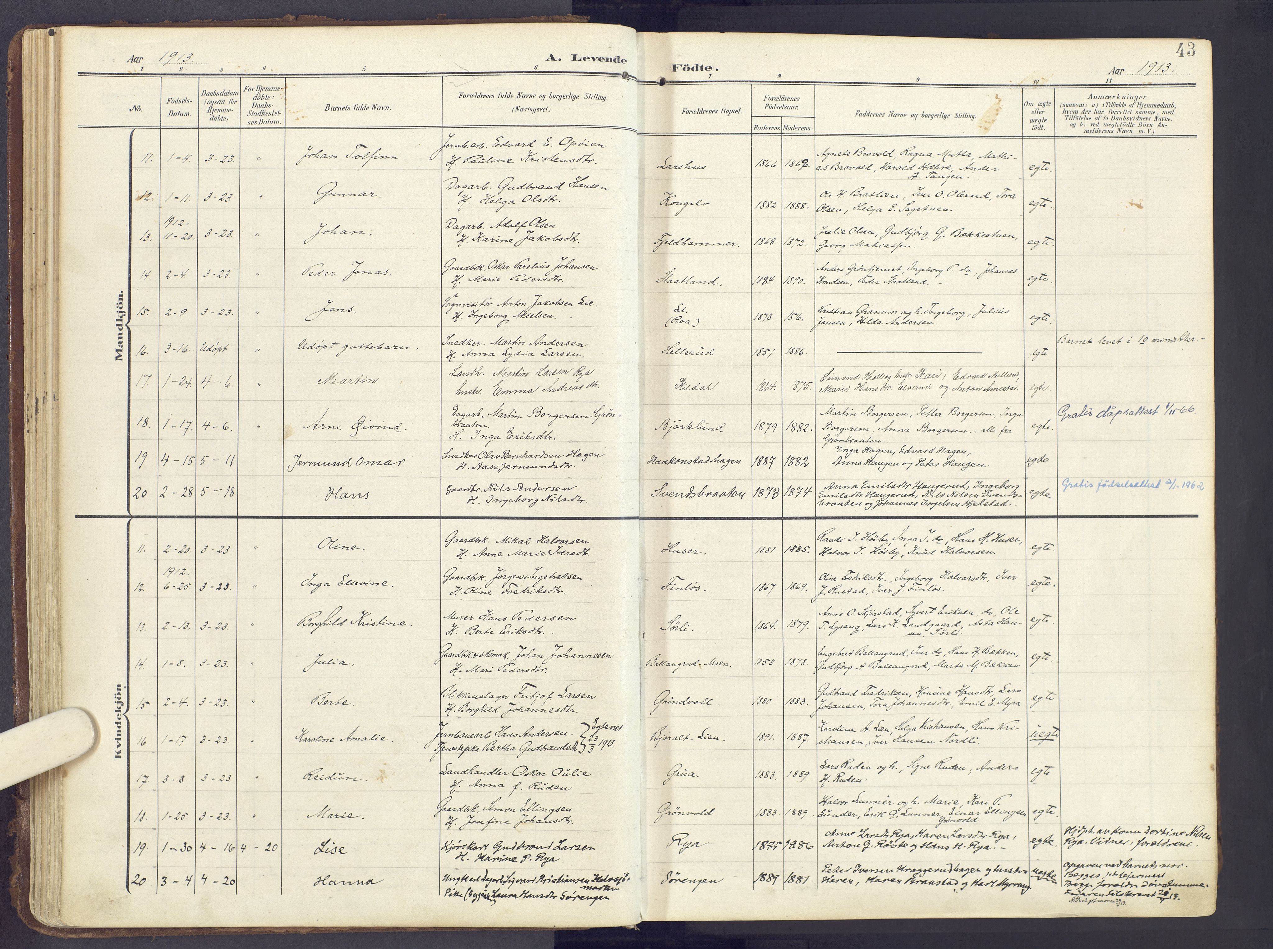 Lunner prestekontor, AV/SAH-PREST-118/H/Ha/Haa/L0001: Parish register (official) no. 1, 1907-1922, p. 43