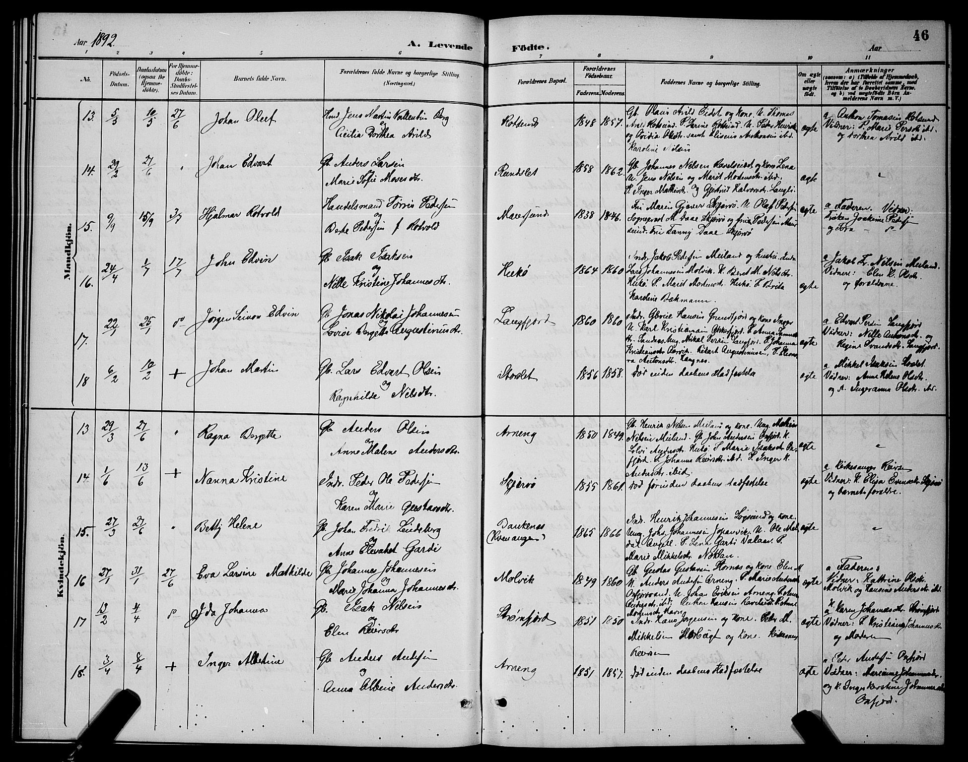 Skjervøy sokneprestkontor, AV/SATØ-S-1300/H/Ha/Hab/L0007klokker: Parish register (copy) no. 7, 1889-1899, p. 46