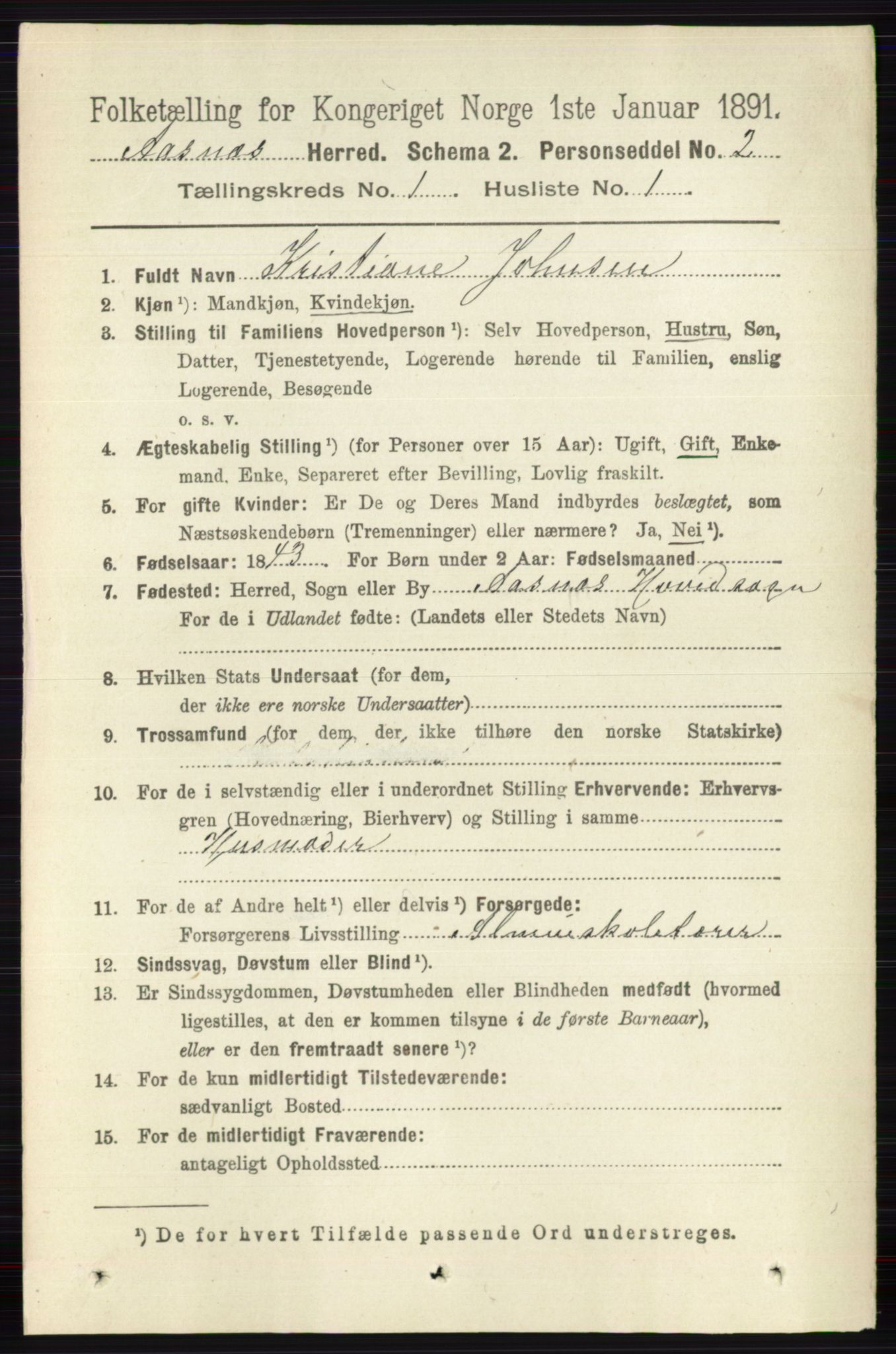 RA, 1891 census for 0425 Åsnes, 1891, p. 115