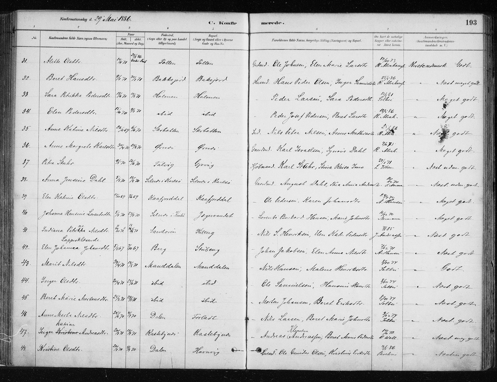 Lyngen sokneprestembete, SATØ/S-1289/H/He/Hea/L0007kirke: Parish register (official) no. 7, 1879-1890, p. 193