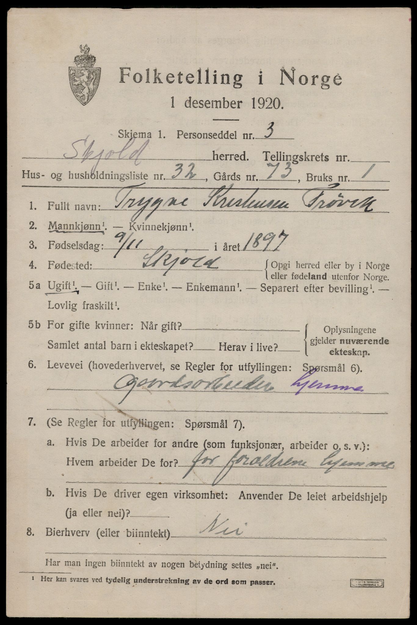 SAST, 1920 census for Skjold, 1920, p. 4166