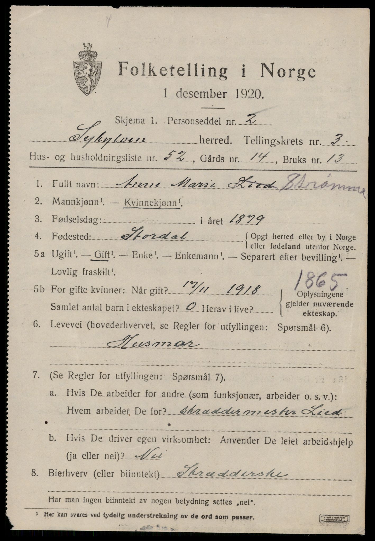 SAT, 1920 census for Sykkylven, 1920, p. 2733