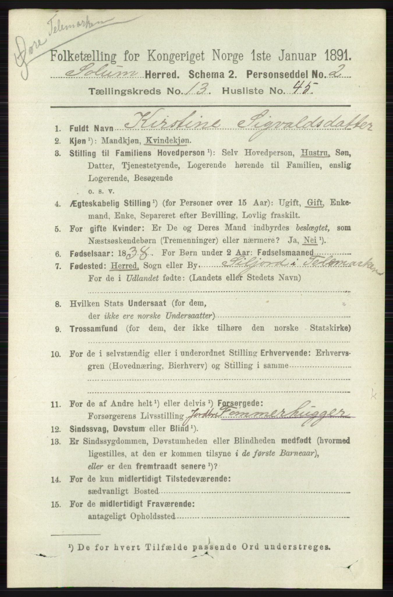 RA, 1891 census for 0818 Solum, 1891, p. 6285