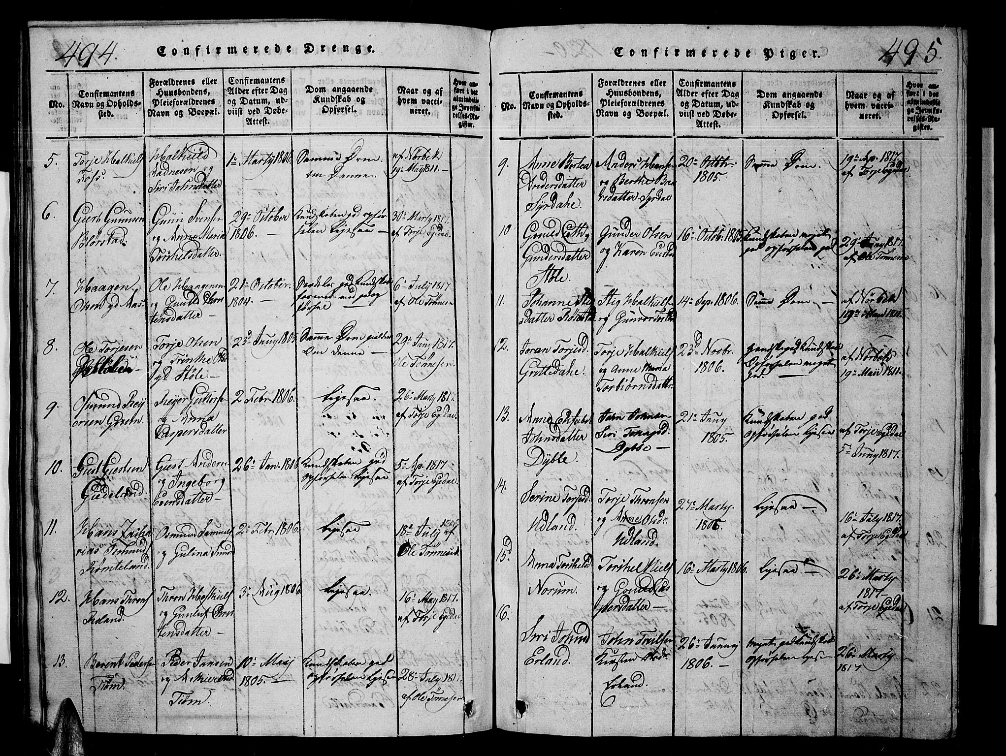 Sør-Audnedal sokneprestkontor, AV/SAK-1111-0039/F/Fb/Fbb/L0001: Parish register (copy) no. B 1, 1815-1827, p. 494-495