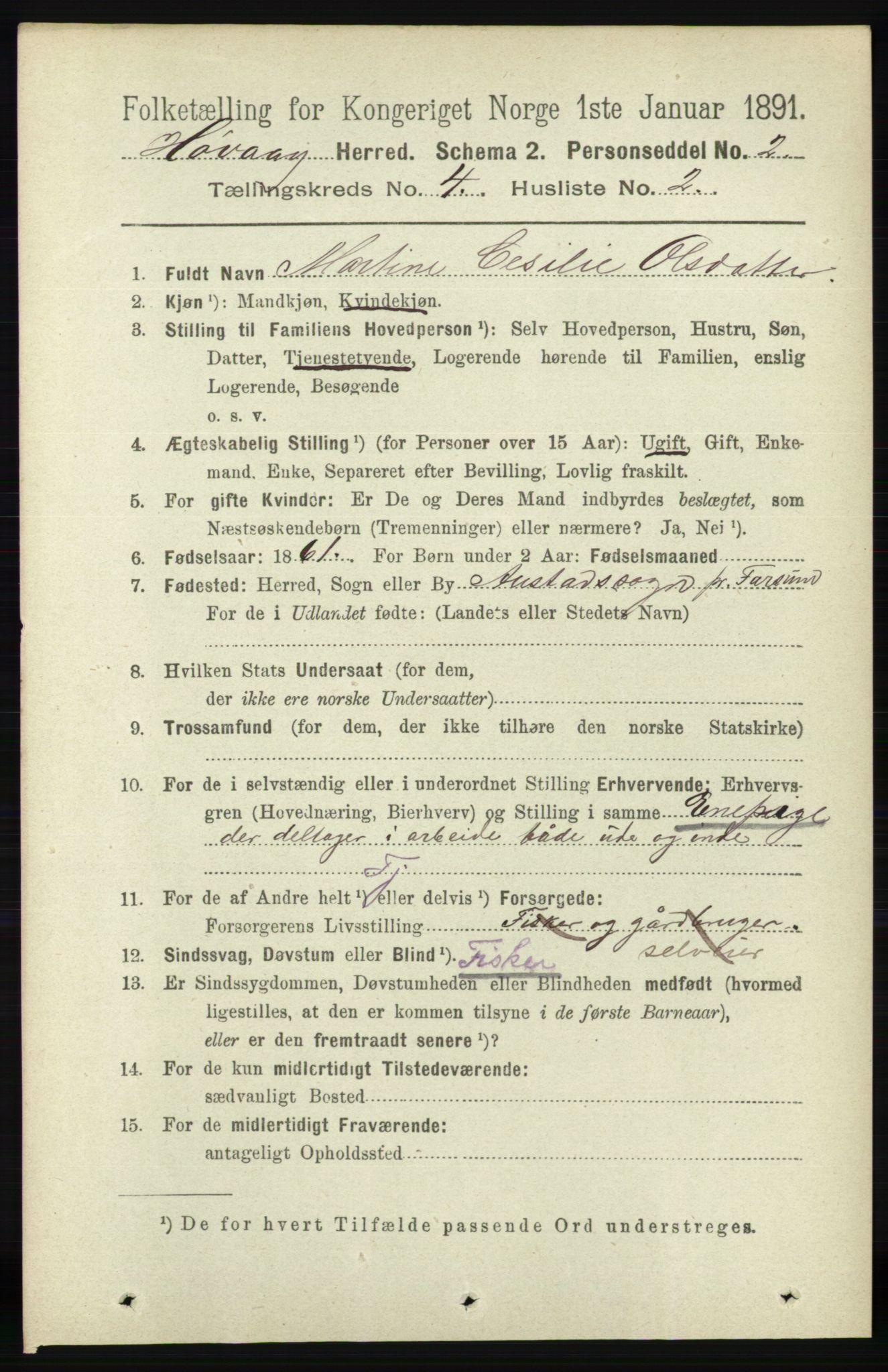 RA, 1891 census for 0927 Høvåg, 1891, p. 1514