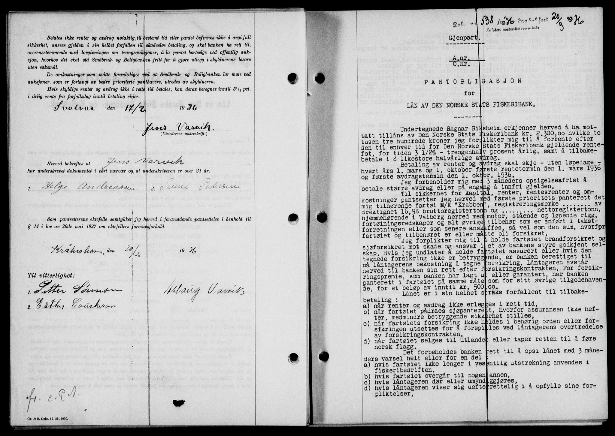 Lofoten sorenskriveri, SAT/A-0017/1/2/2C/L0033b: Mortgage book no. 33b, 1936-1936, Diary no: : 538/1936