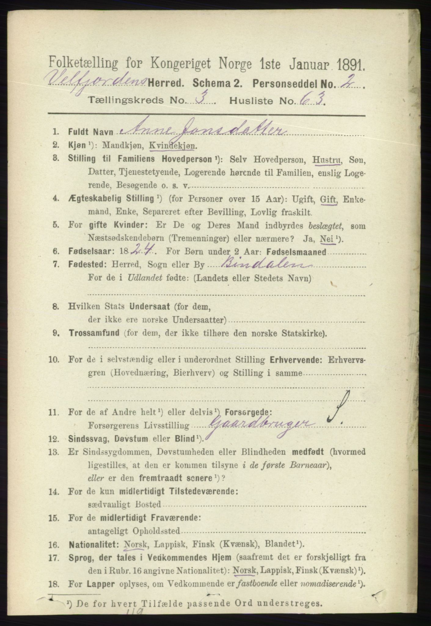 RA, 1891 census for 1813 Velfjord, 1891, p. 1452