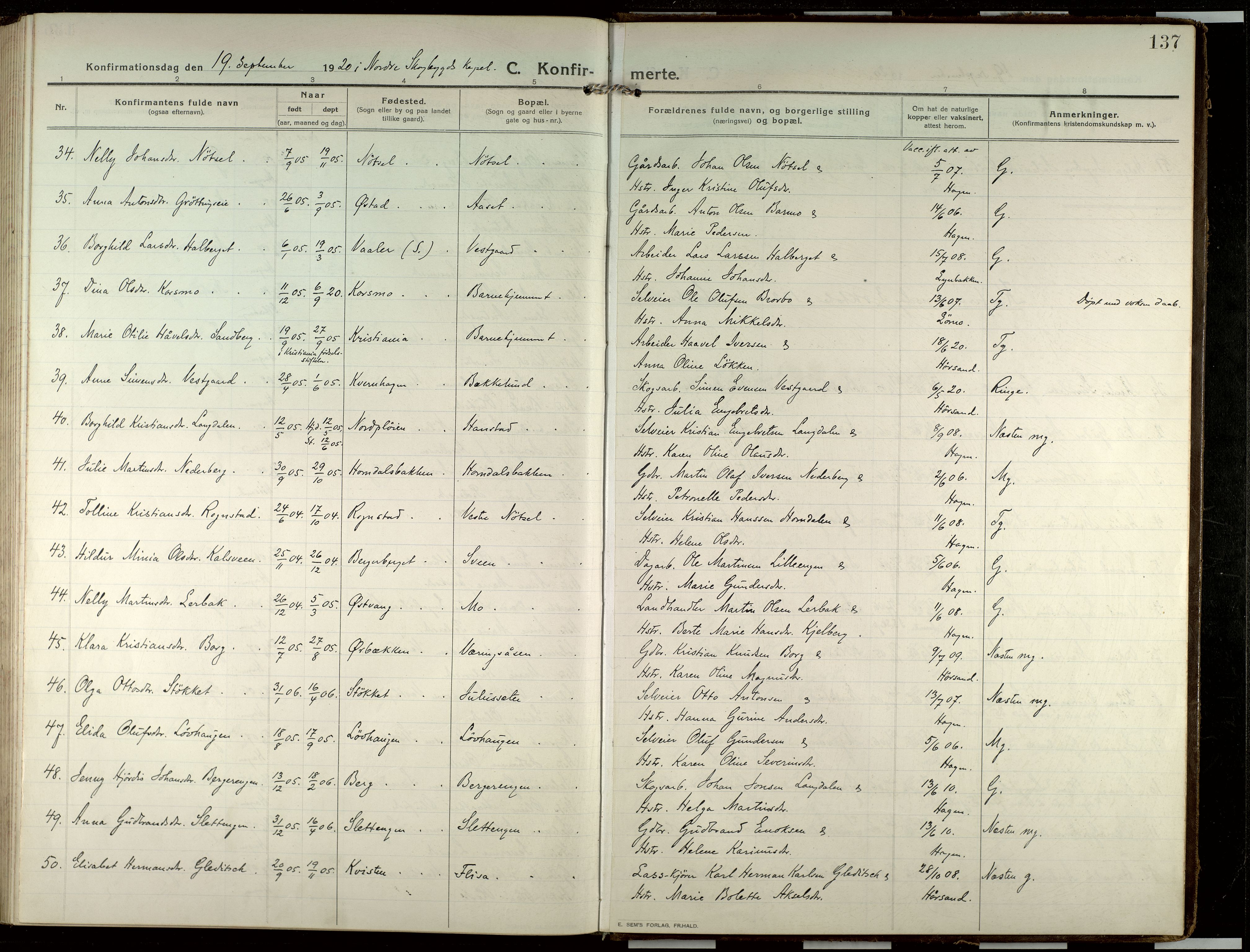 Elverum prestekontor, AV/SAH-PREST-044/H/Ha/Haa/L0022: Parish register (official) no. 22, 1913-1924, p. 137