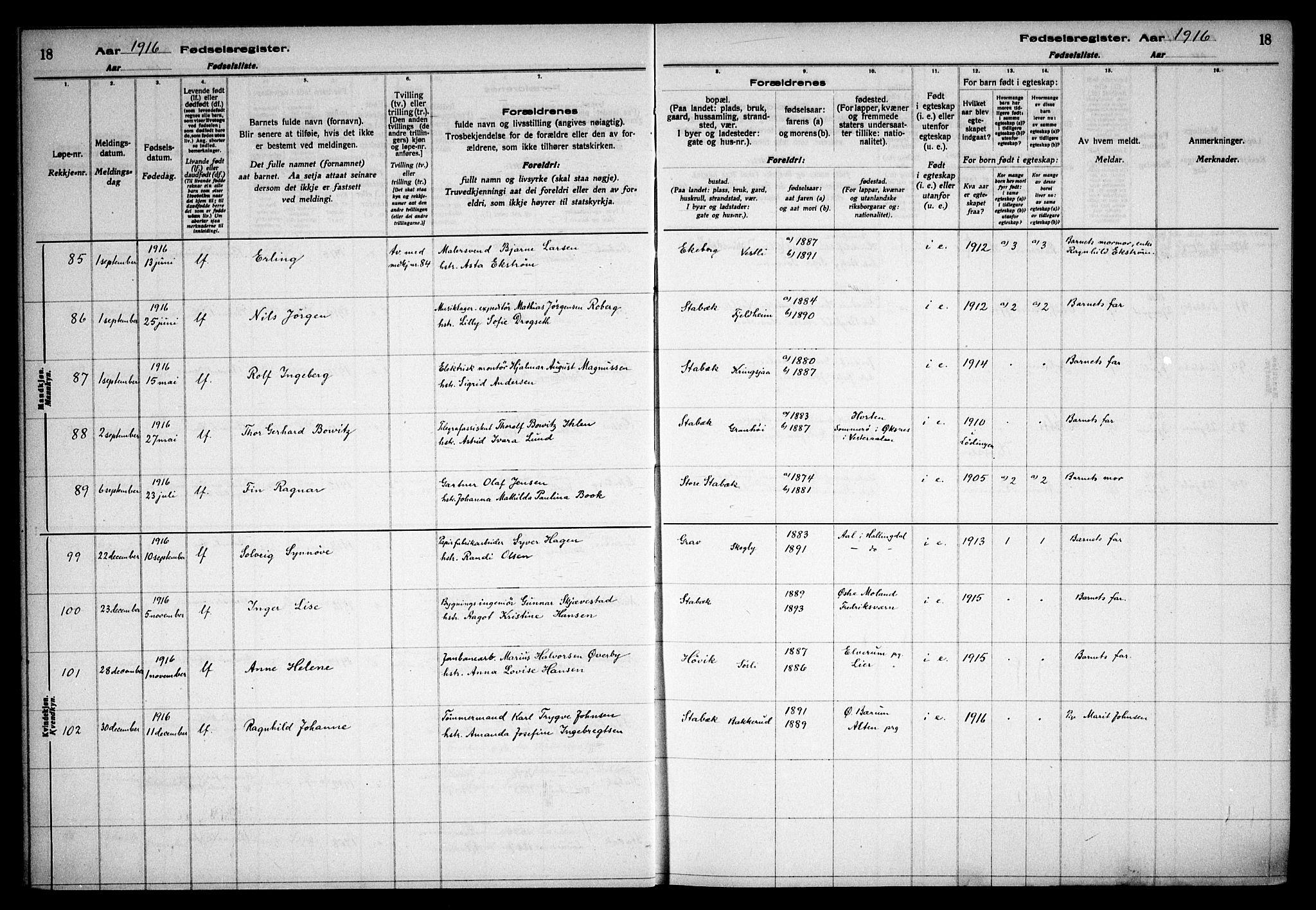 Østre Bærum prestekontor Kirkebøker, AV/SAO-A-10887/J/Ja/L0001: Birth register no. 1, 1916-1922, p. 18