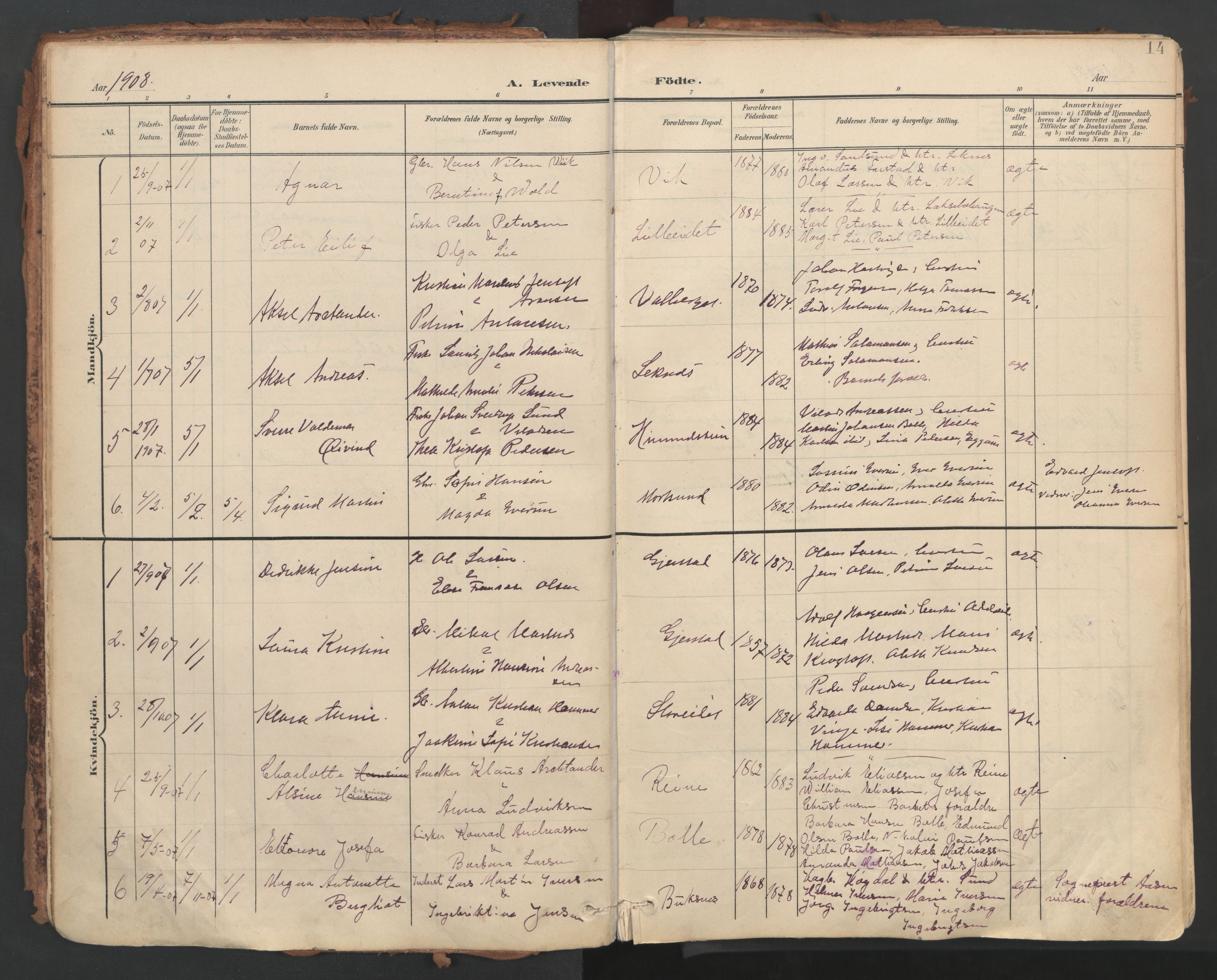 Ministerialprotokoller, klokkerbøker og fødselsregistre - Nordland, AV/SAT-A-1459/881/L1154: Parish register (official) no. 881A07, 1907-1918, p. 14