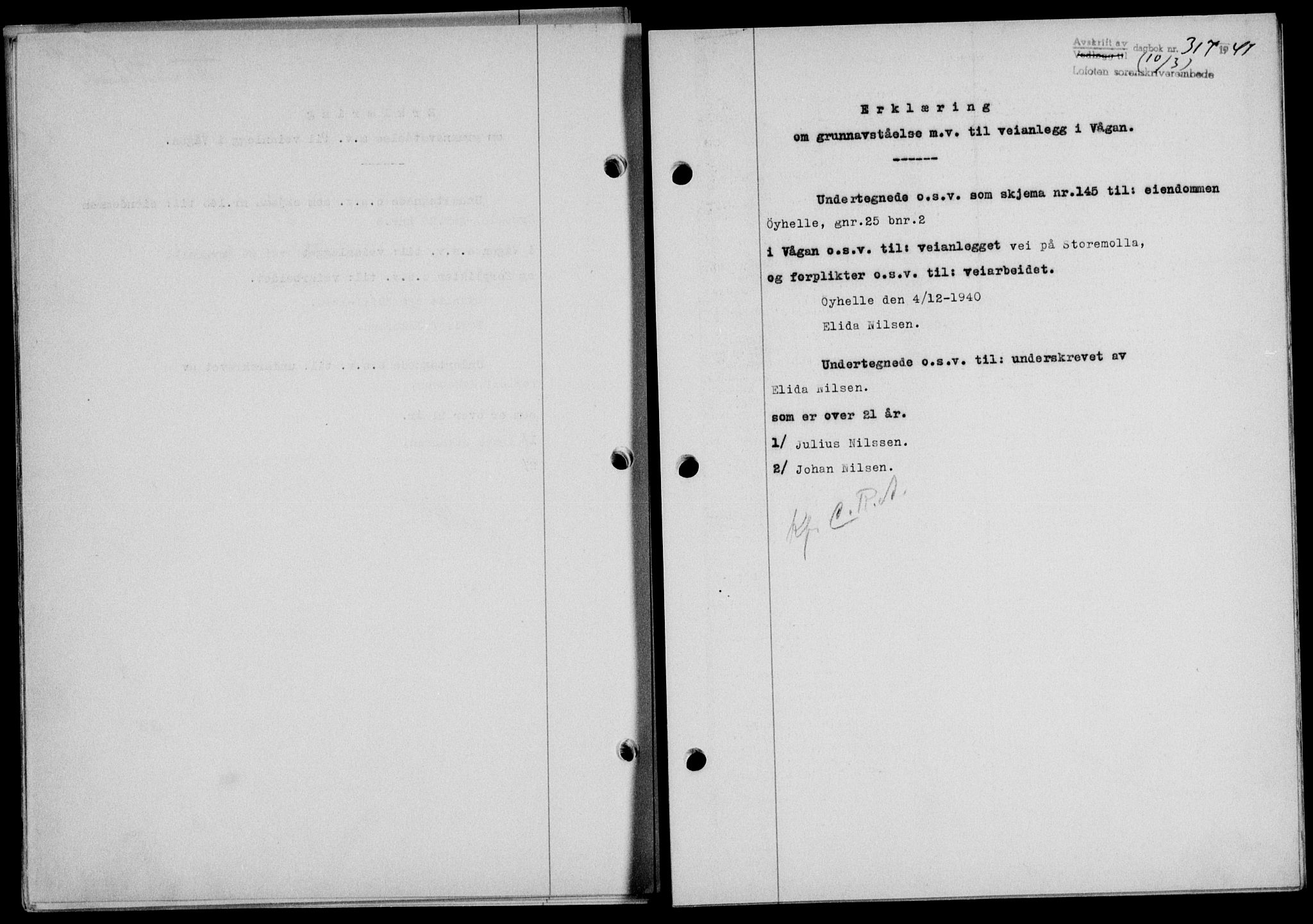 Lofoten sorenskriveri, SAT/A-0017/1/2/2C/L0008a: Mortgage book no. 8a, 1940-1941, Diary no: : 317/1941
