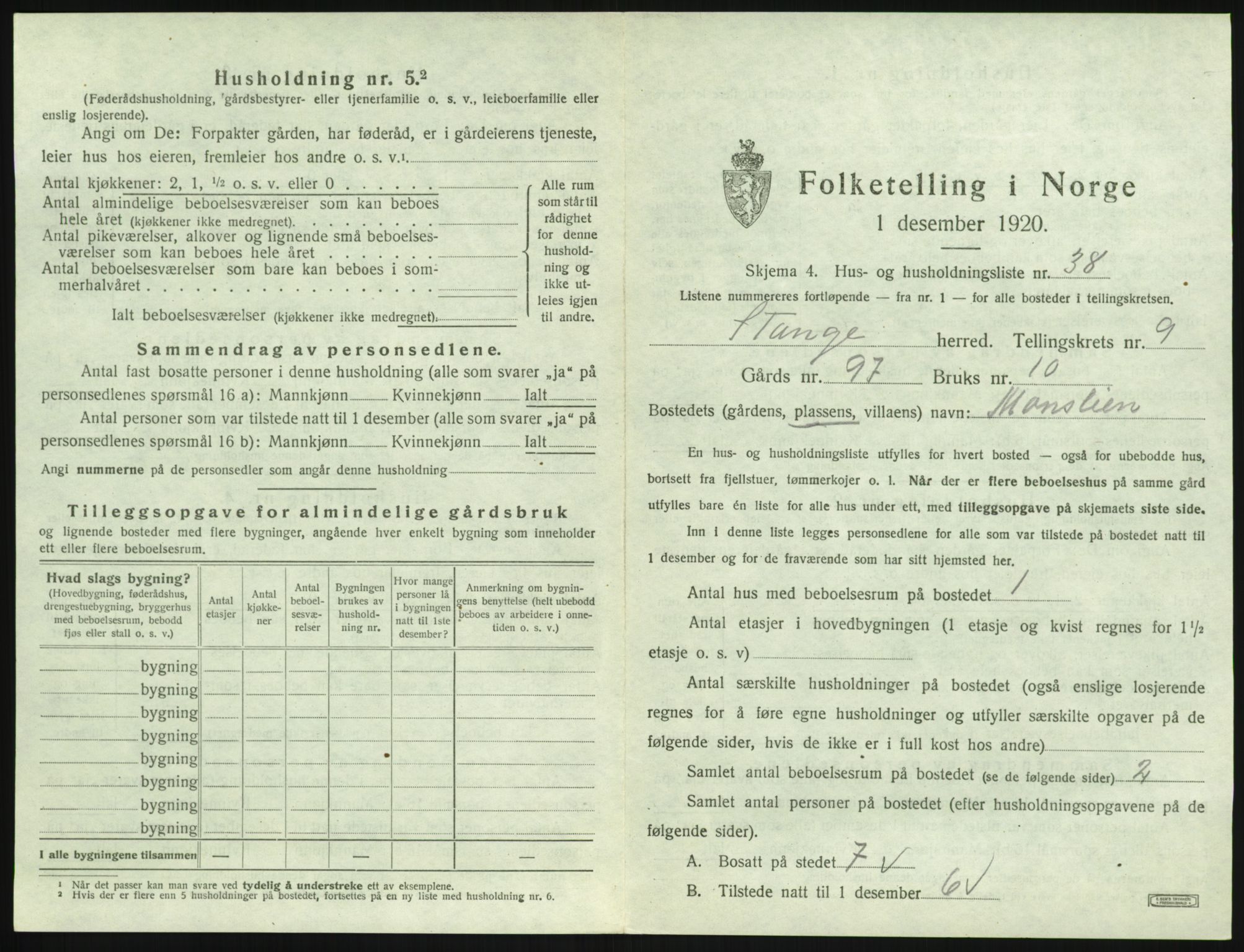 SAH, 1920 census for Stange, 1920, p. 1997