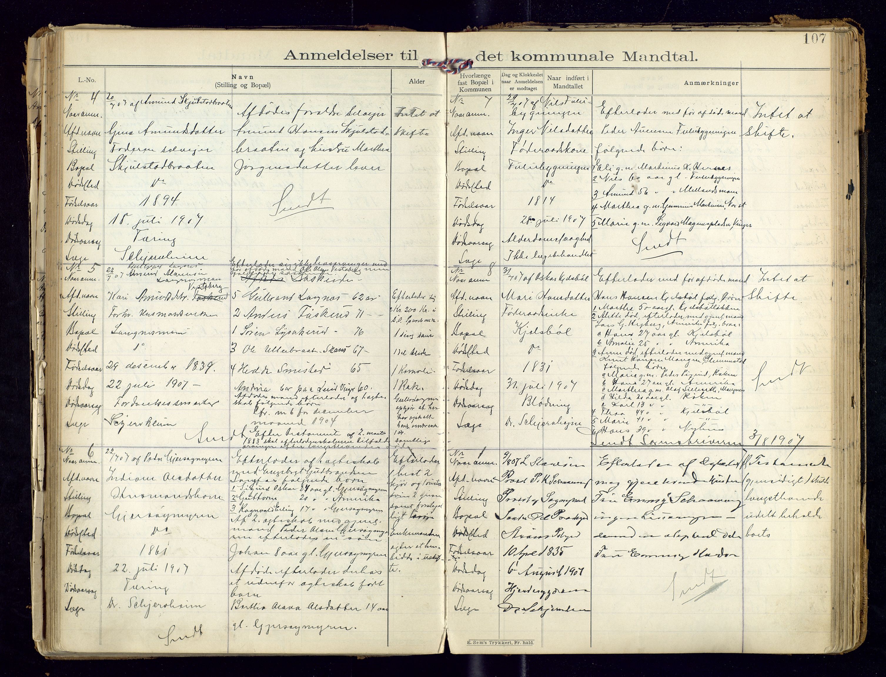 Sør-Odal lensmannskontor, AV/SAH-LHS-022/H/Hb/L0001/0002: Protokoller over anmeldte dødsfall / Protokoll over anmeldte dødsfall, 1901-1913, p. 107