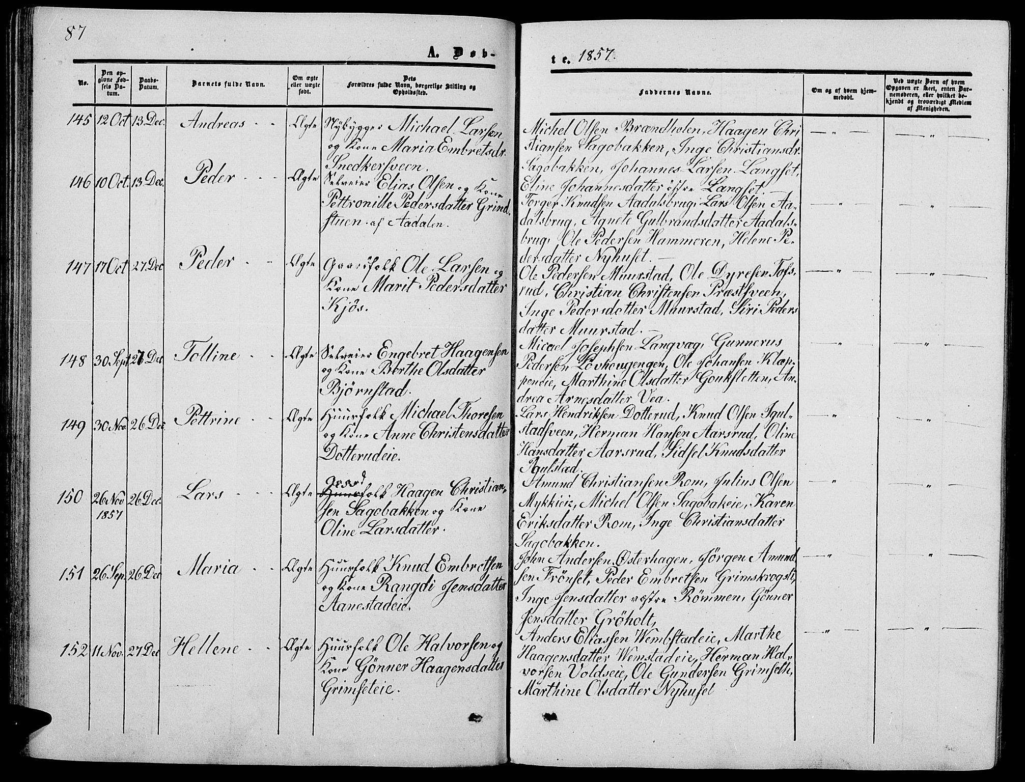 Løten prestekontor, SAH/PREST-022/L/La/L0003: Parish register (copy) no. 3, 1850-1862, p. 87