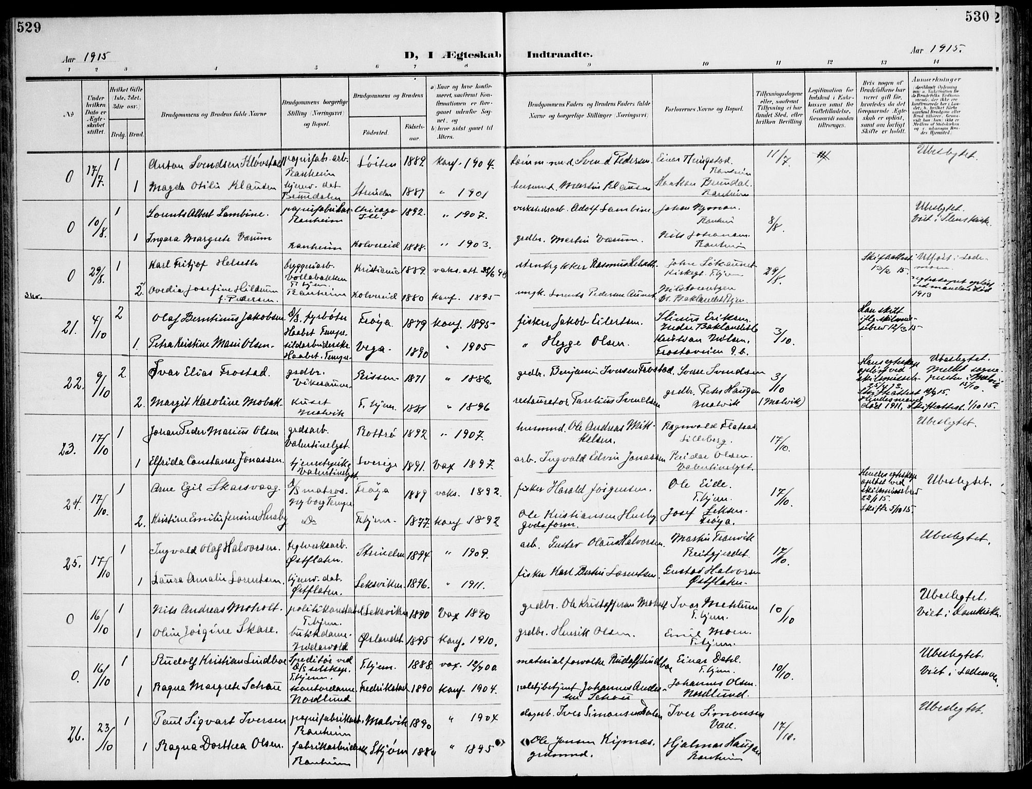 Ministerialprotokoller, klokkerbøker og fødselsregistre - Sør-Trøndelag, SAT/A-1456/607/L0320: Parish register (official) no. 607A04, 1907-1915, p. 529-530