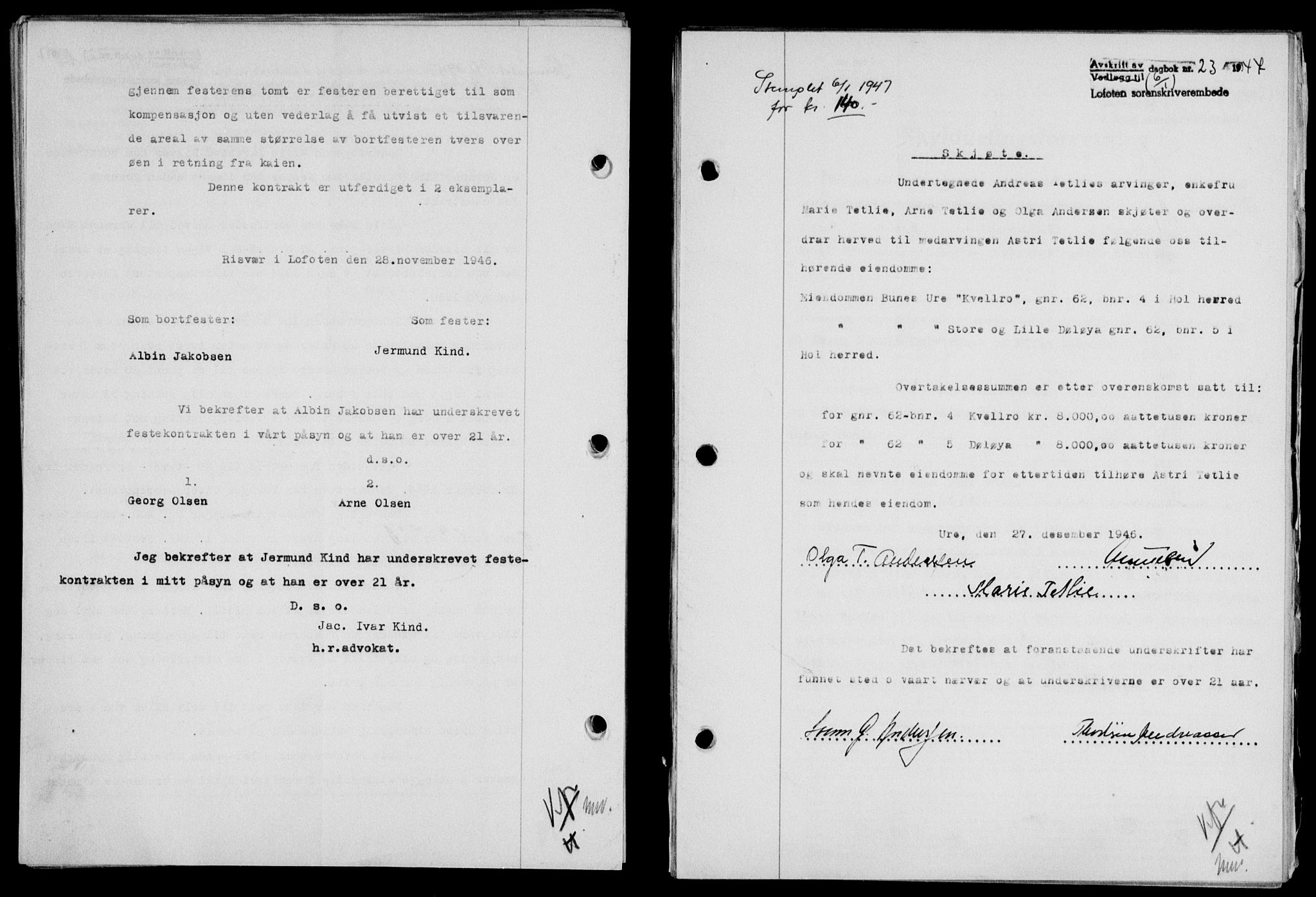 Lofoten sorenskriveri, SAT/A-0017/1/2/2C/L0015a: Mortgage book no. 15a, 1946-1947, Diary no: : 23/1947